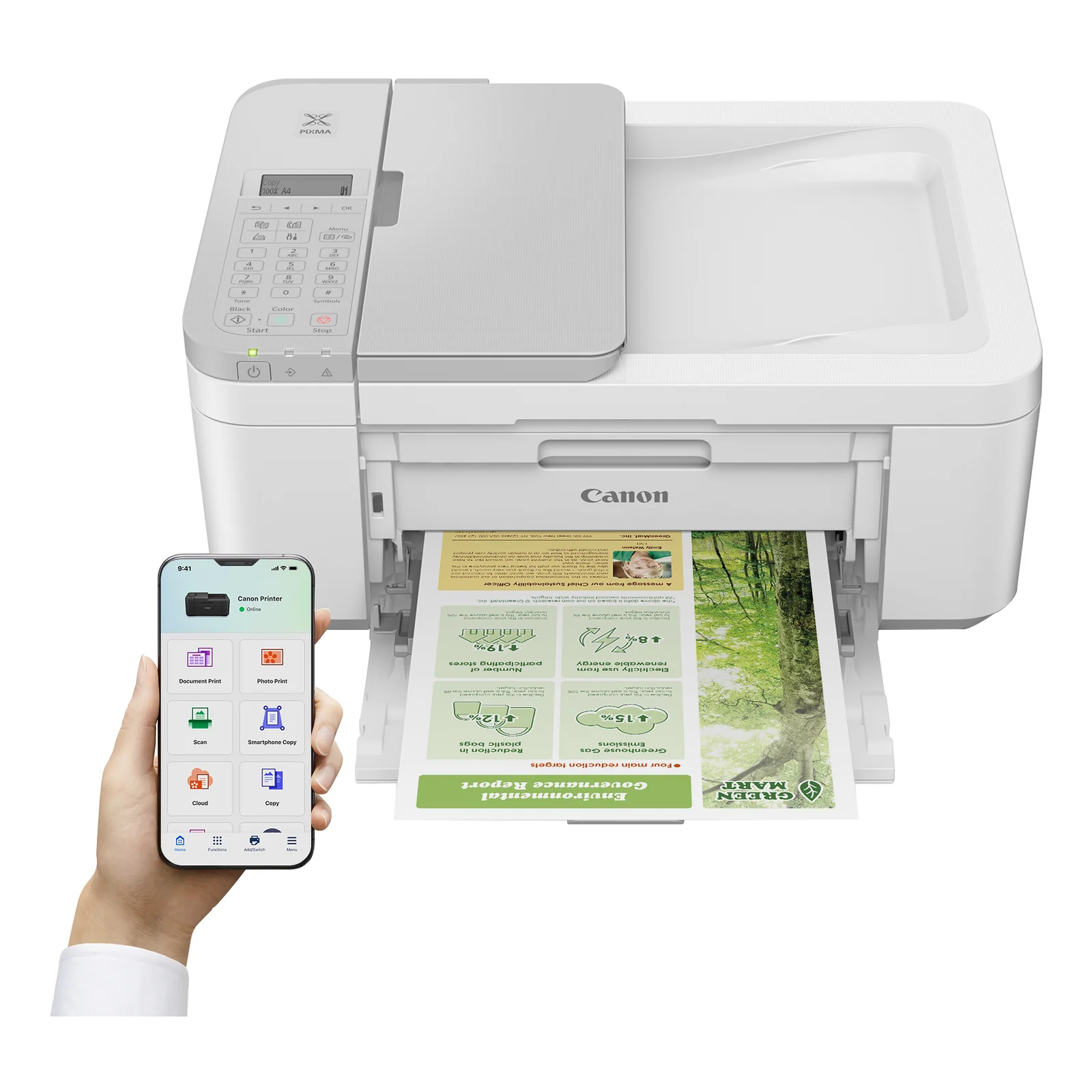 Canon PIXMA TR4756i avec smartphone affichant l'application Canon PRINT et options scan, copie, cloud