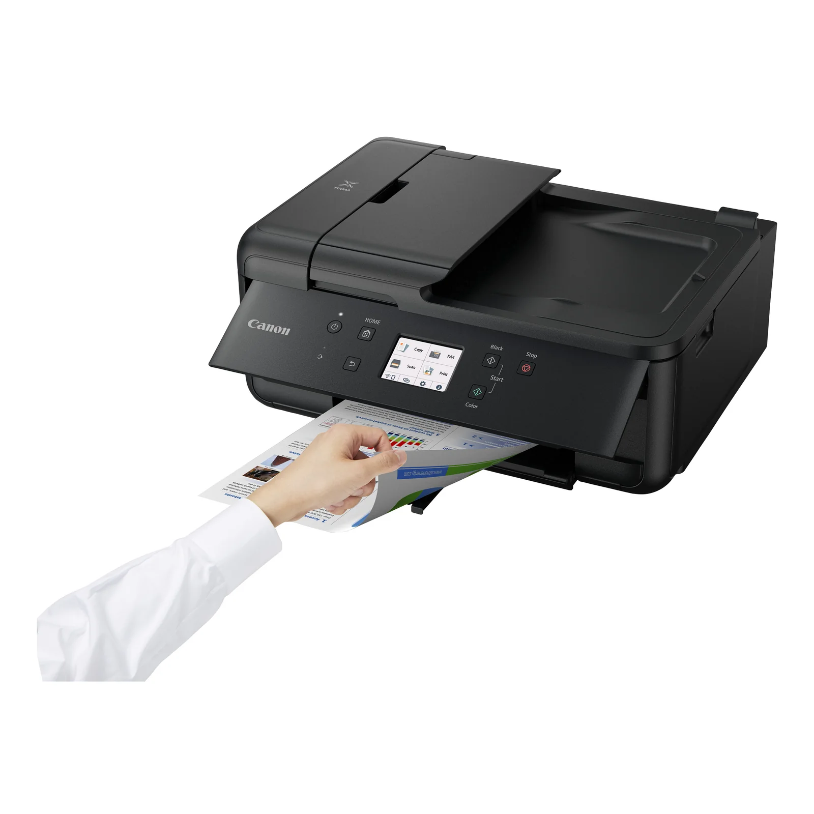 Canon PIXMA TR7650 trois quarts avec bac arrière chargé et bac de sortie ouvert vide