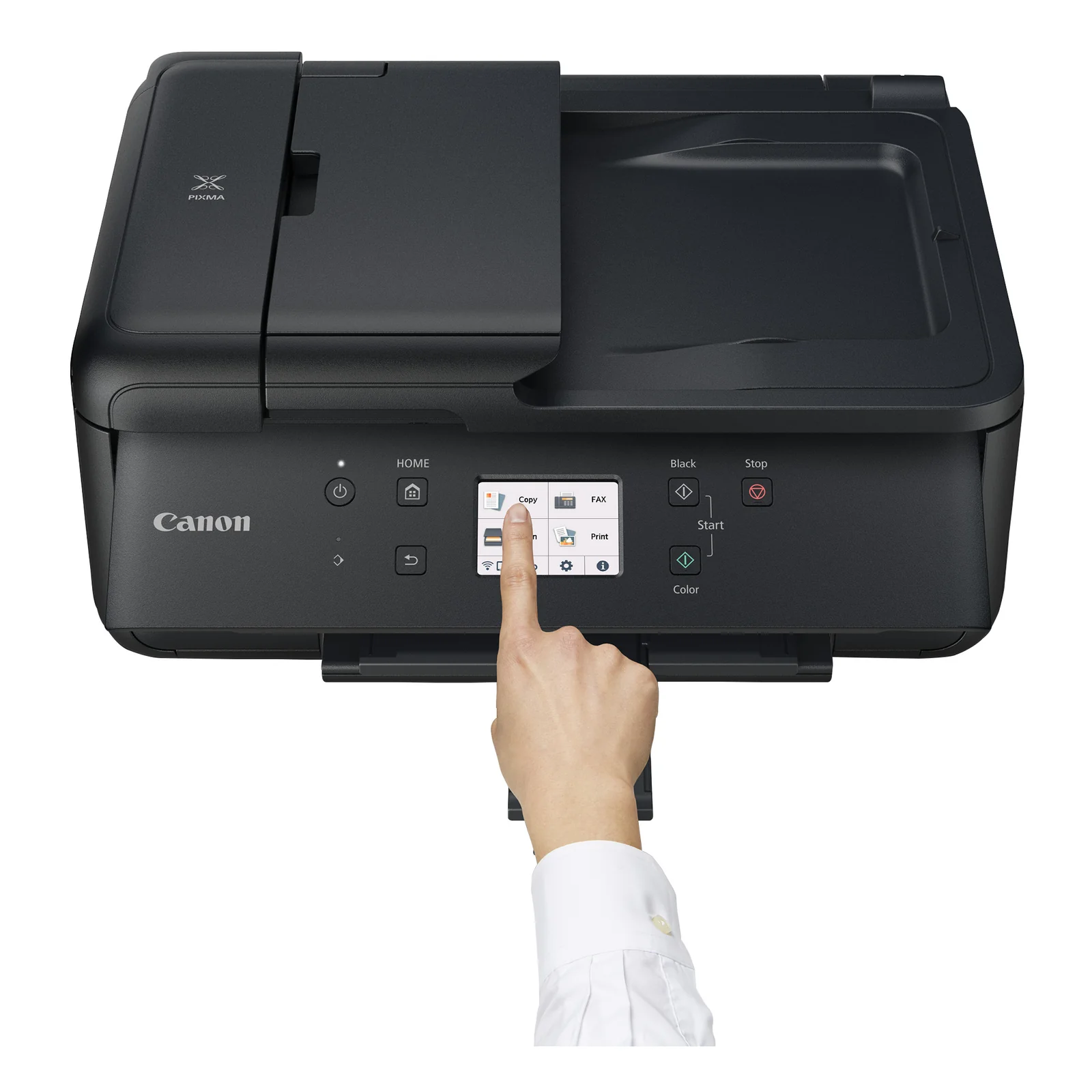 Canon PIXMA TR7650 trois quarts avec rapport couleur dans l'ADF et impression sortant en façade
