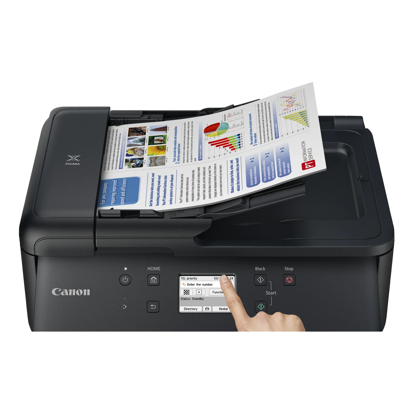 Canon PIXMA TR7650 trois quarts avec rapport couleur en sortie du bac avant et bac de sortie déployé
