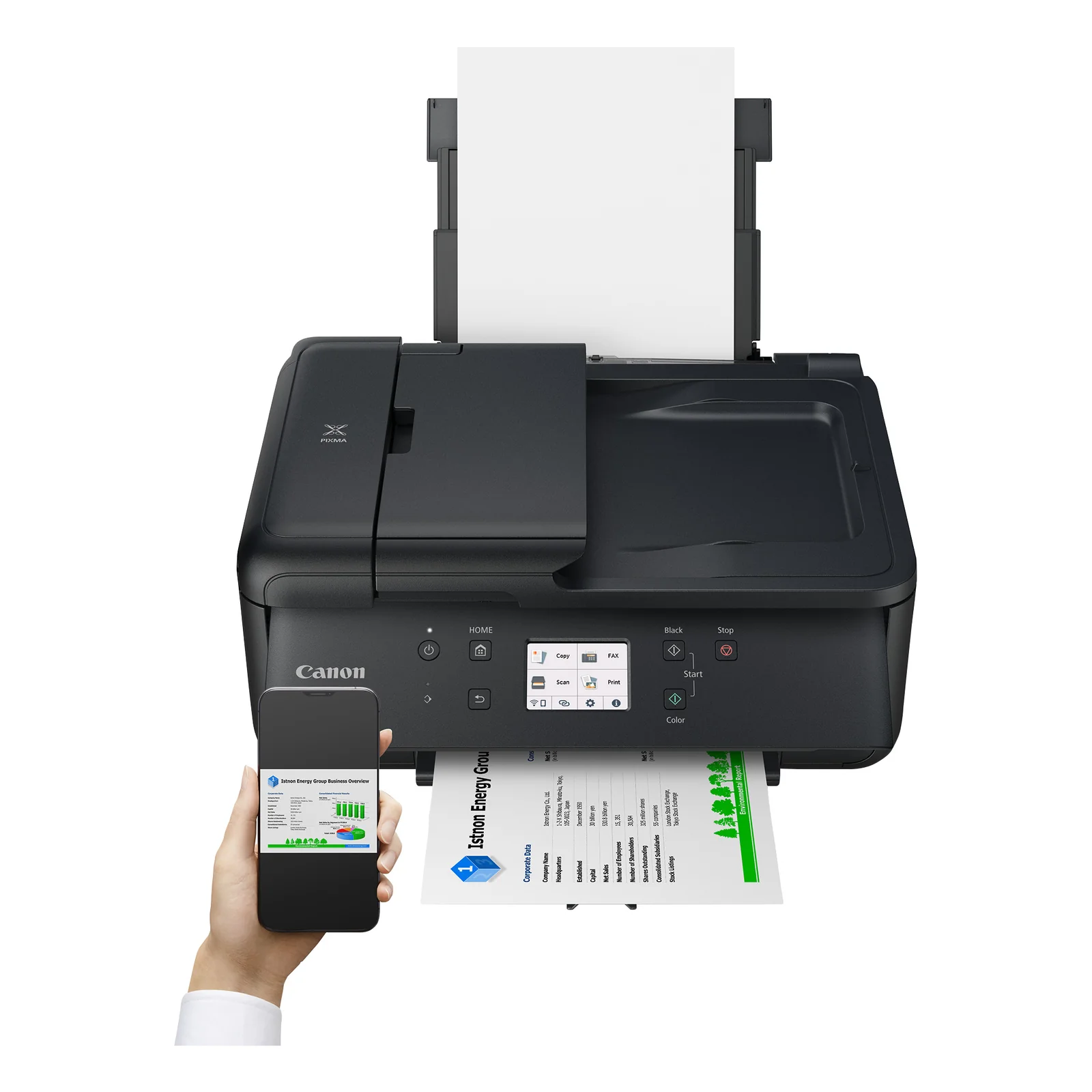 Vue rapprochée du panneau de commande Canon PIXMA TR7650 avec écran tactile couleur et boutons Start, Stop, Black