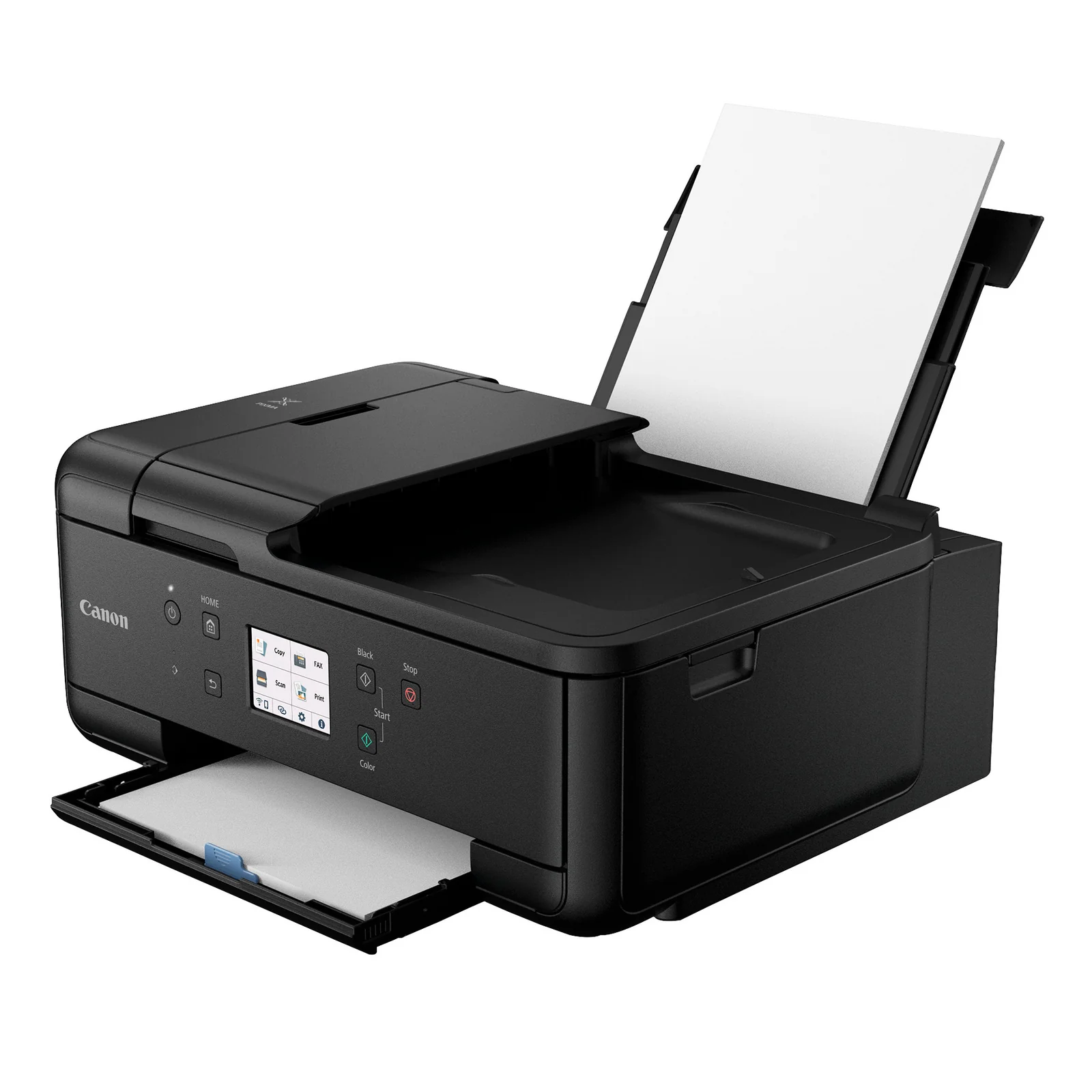 Canon PIXMA TR7650 trois quarts récupérant une feuille couleur en sortie tenue par une main