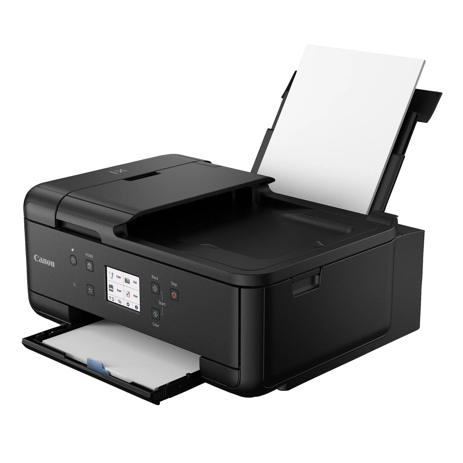 Vue plongeante Canon PIXMA TR7650 avec doigt touchant l'écran tactile sur la fonction Copy