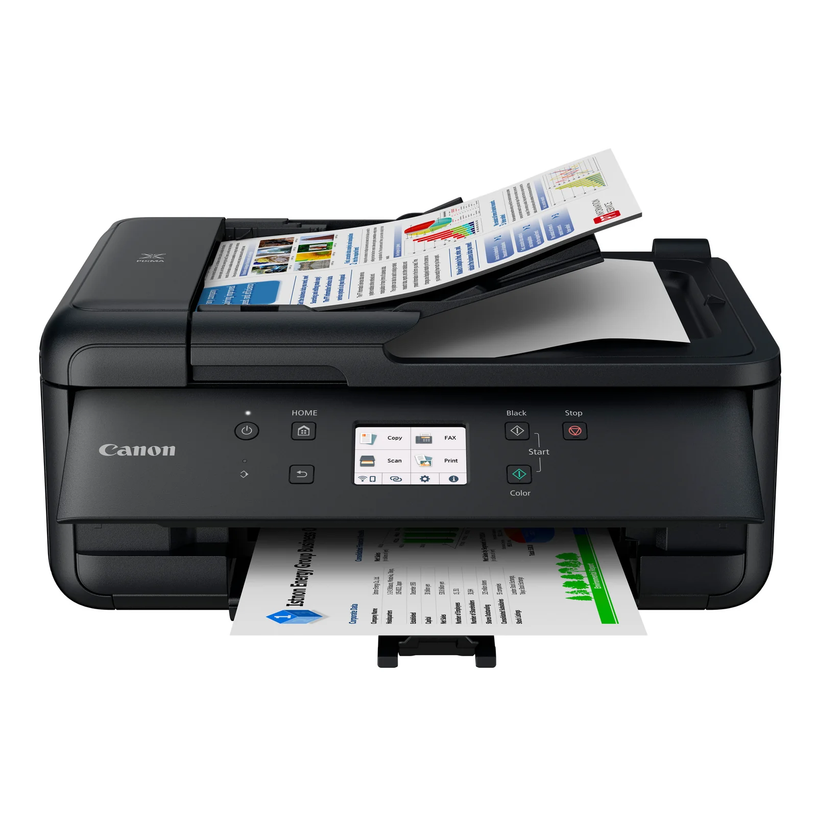 Canon PIXMA TR7650 vu de dessus avec rapport couleur dans le bac arrière relevé et ADF visible
