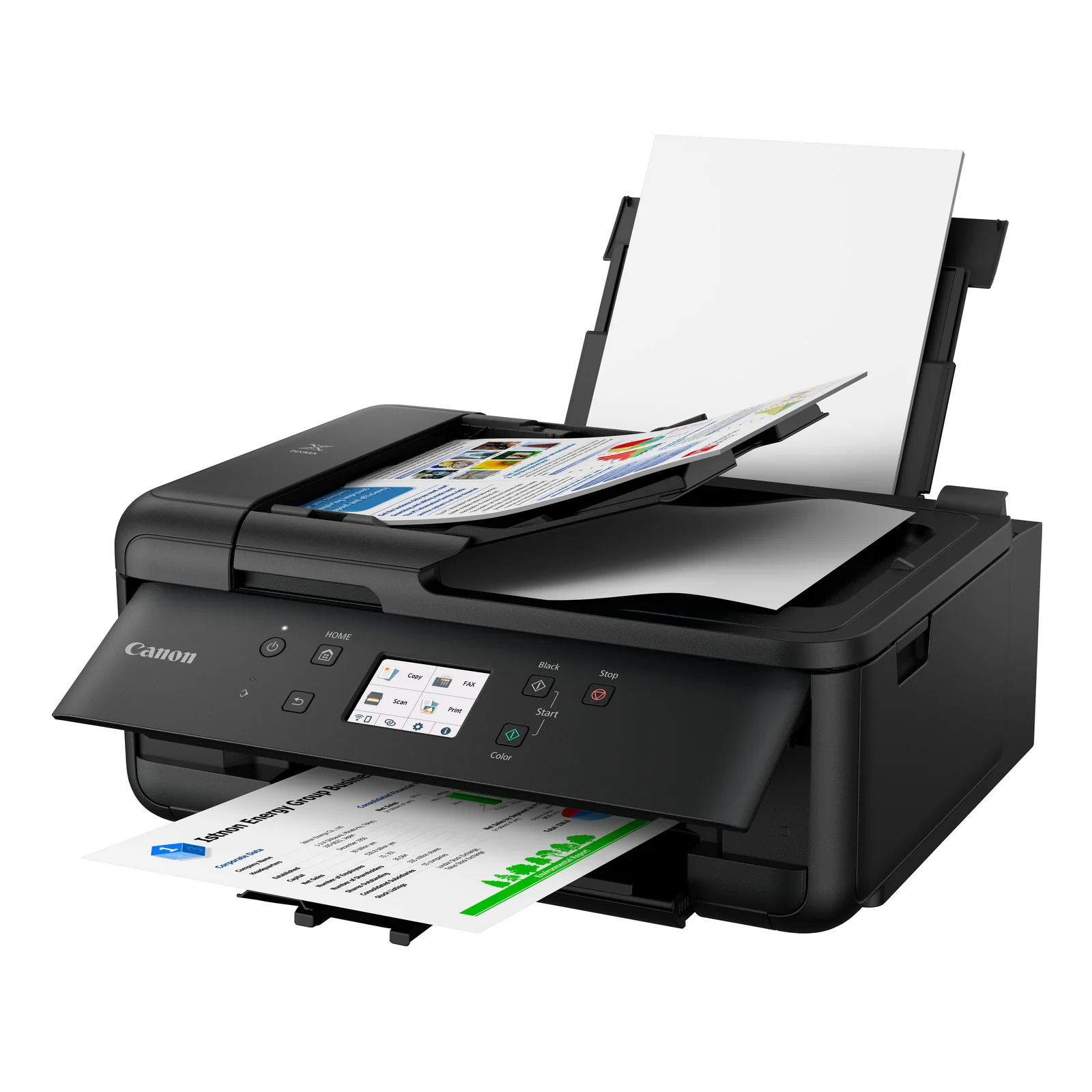 Canon PIXMA TR7650 vu de dessus avec rapport couleur en cours et impression sortant en façade