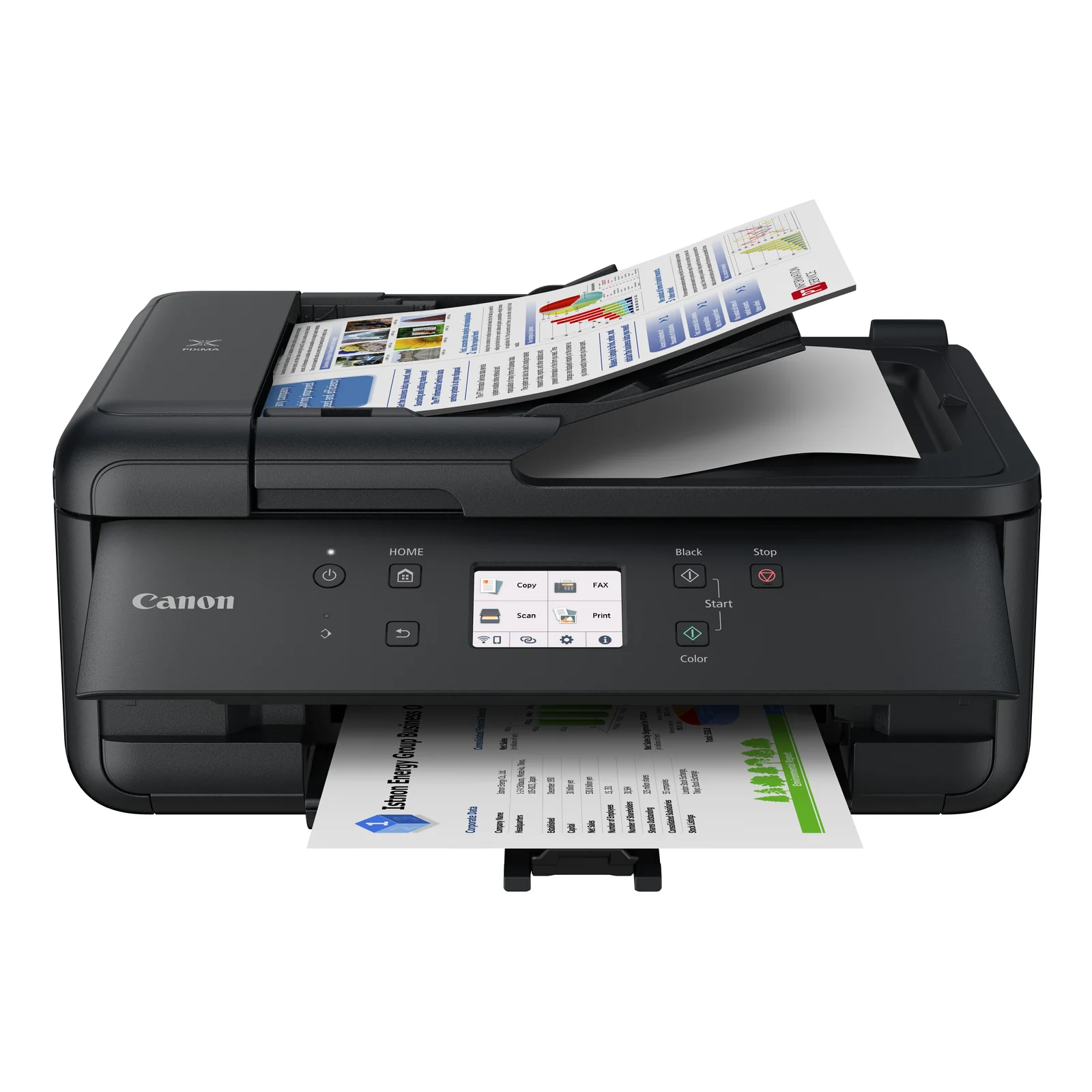 Canon PIXMA TR7650 imprimant un rapport couleur avec graphiques et chargeur ADF rempli de documents