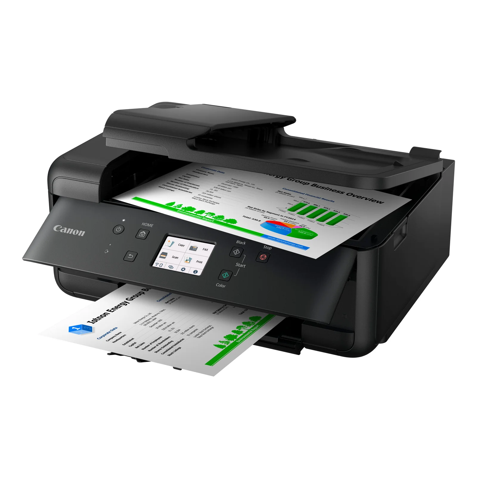 Canon PIXMA TR7650 vue plongeante avec écran tactile affichant le menu fax et doigt sur le clavier