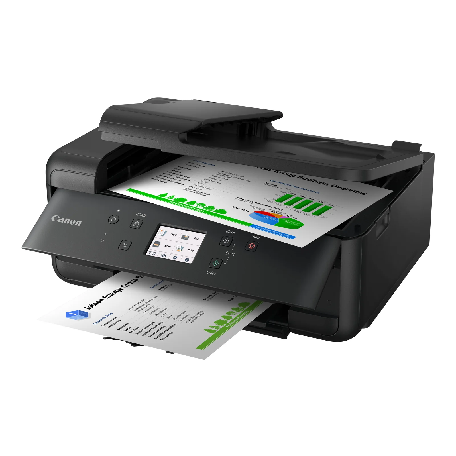 Canon PIXMA TR7650 trois quarts avec rapport couleur sortant et bandeau Pixma visible