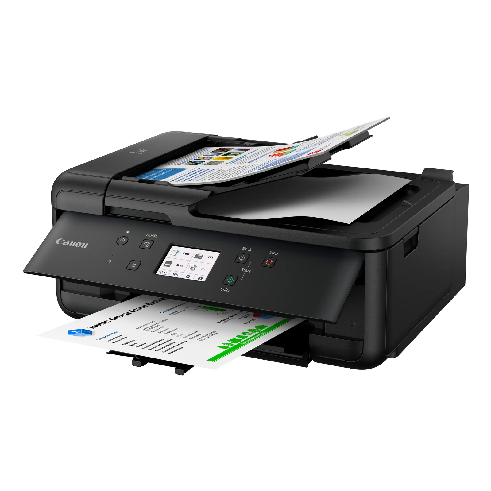Canon PIXMA TR7650 trois quarts avec rapport business overview en cours d'impression couleur