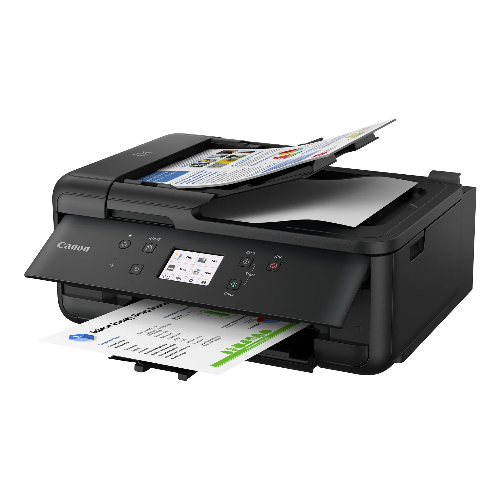 Canon PIXMA TR7650 trois quarts en cours d'impression d'un rapport corporate couleur avec graphiques