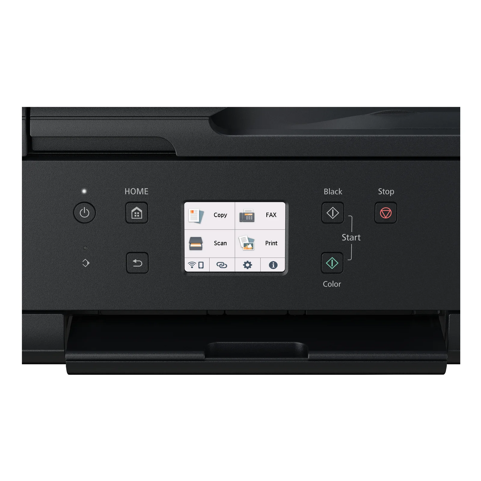 Canon PIXMA TR7650 vue trois quarts avec rapport couleur sortant en façade et écran tactile éteint