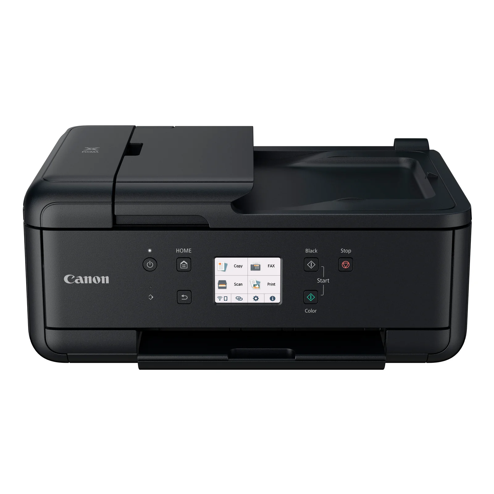 Vue de face du Canon PIXMA TR7650 noir au repos avec écran tactile éclairé et boutons de démarrage
