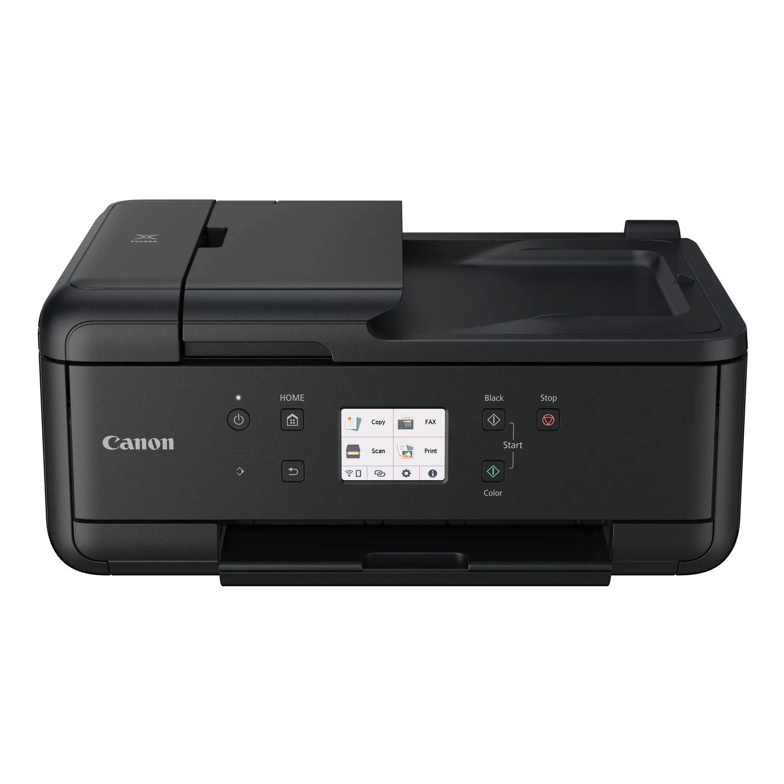 Vue trois quarts du Canon PIXMA TR7650 avec bac de sortie déployé et écran tactile allumé