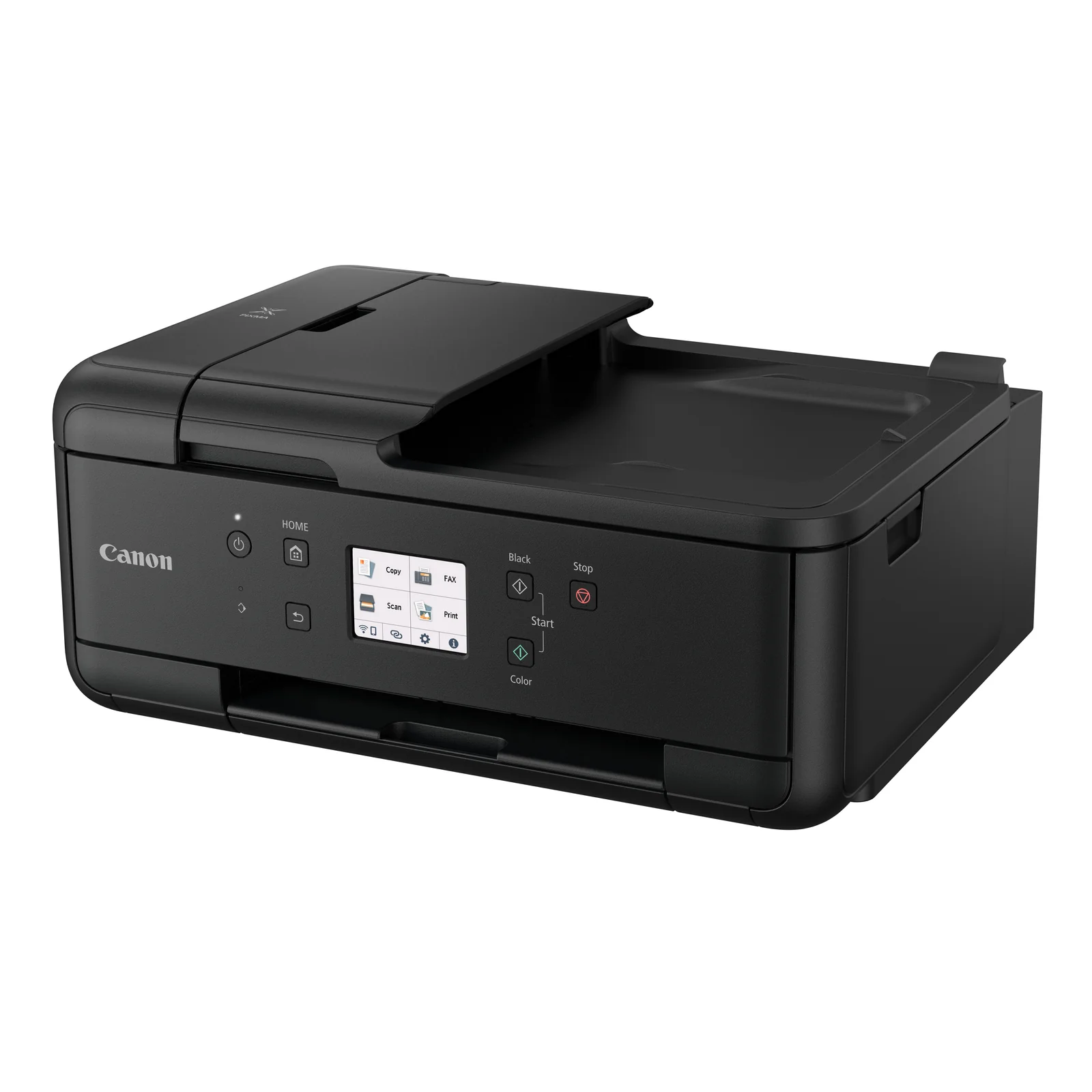 Canon PIXMA TR7650 en cours d'impression d'un rapport corporate couleur avec ADF chargé de documents