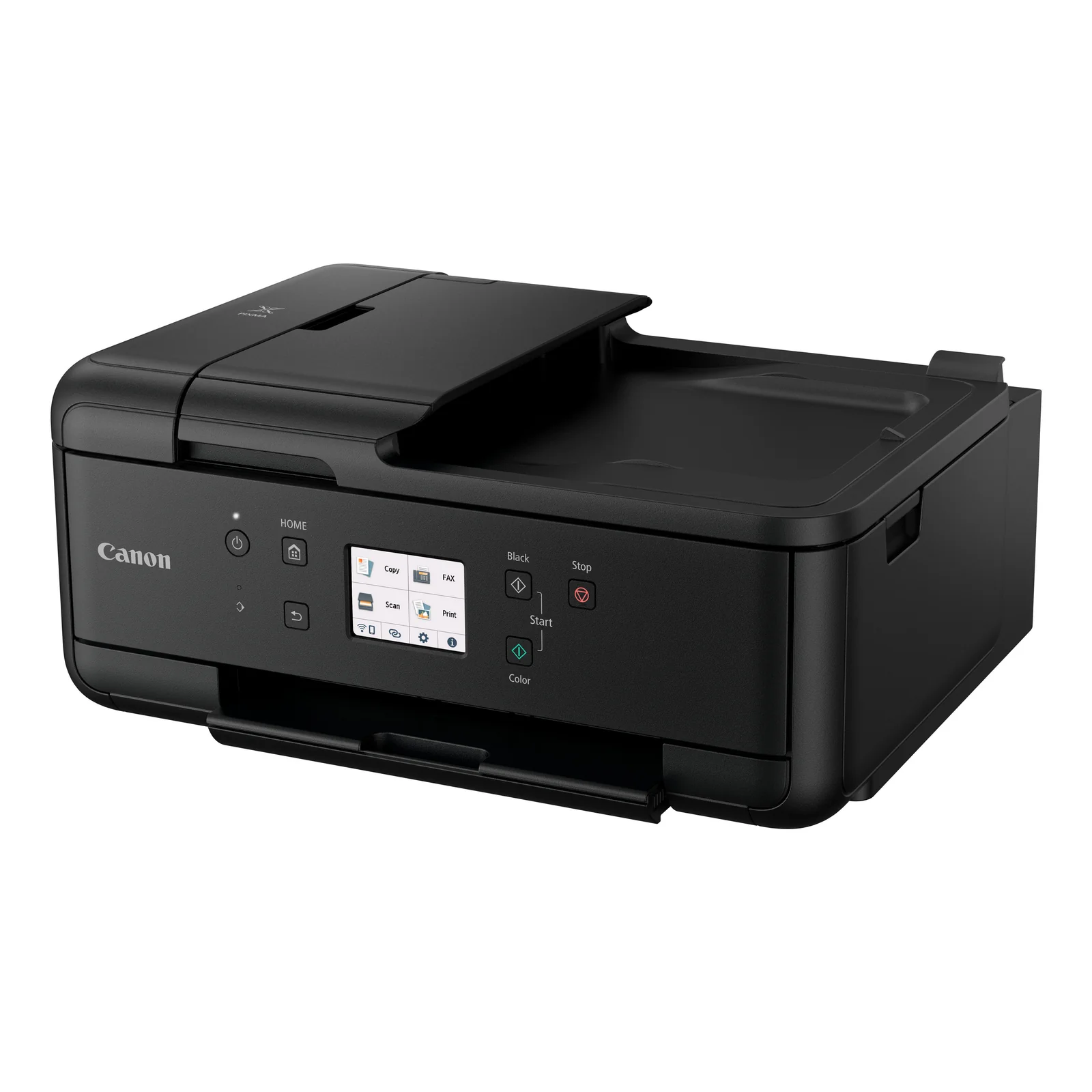 Canon PIXMA TR7650 imprimant un rapport couleur avec smartphone tenu en main affichant un aperçu