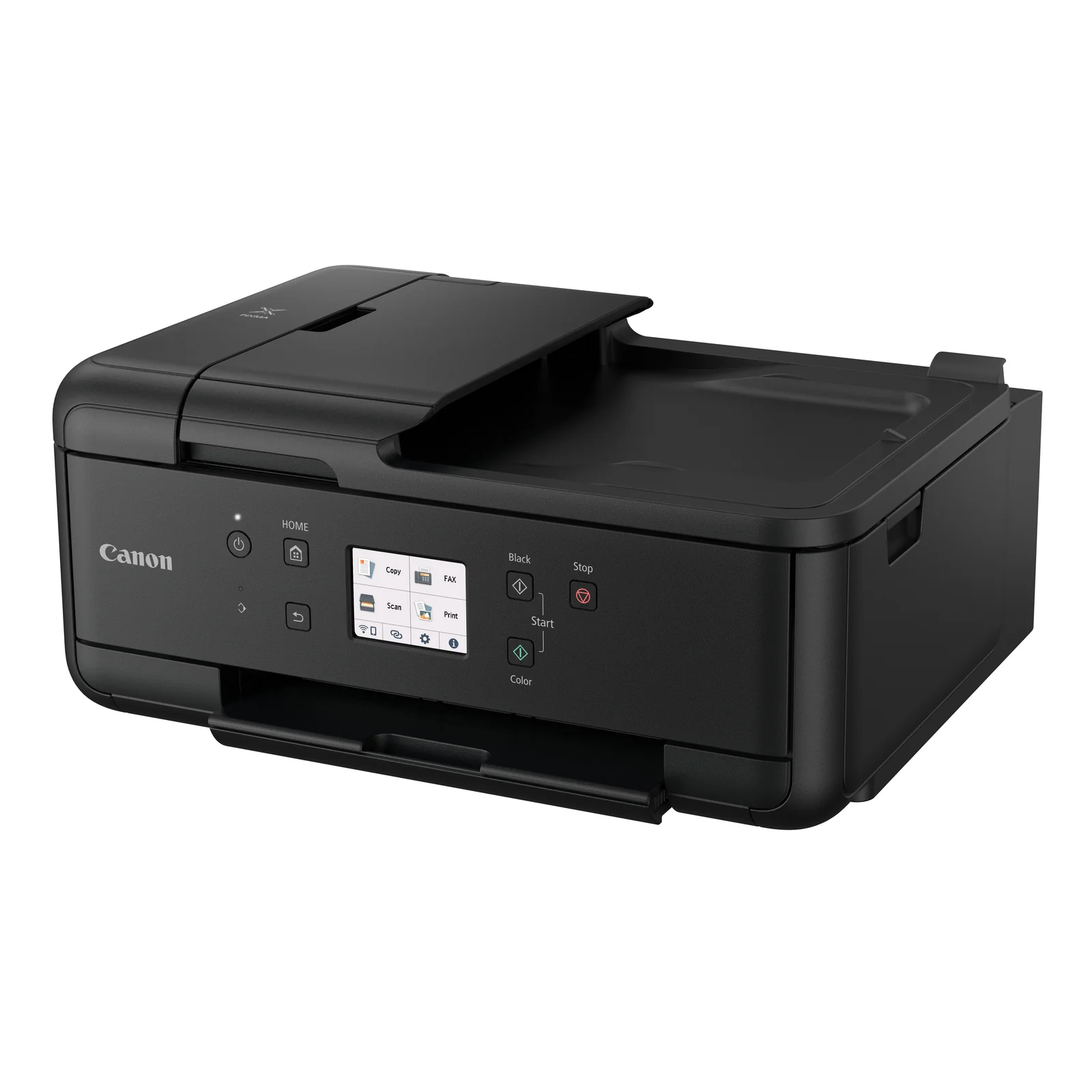 Canon PIXMA TR7650 avec bac arrière relevé chargé de papier blanc et bac de sortie déployé