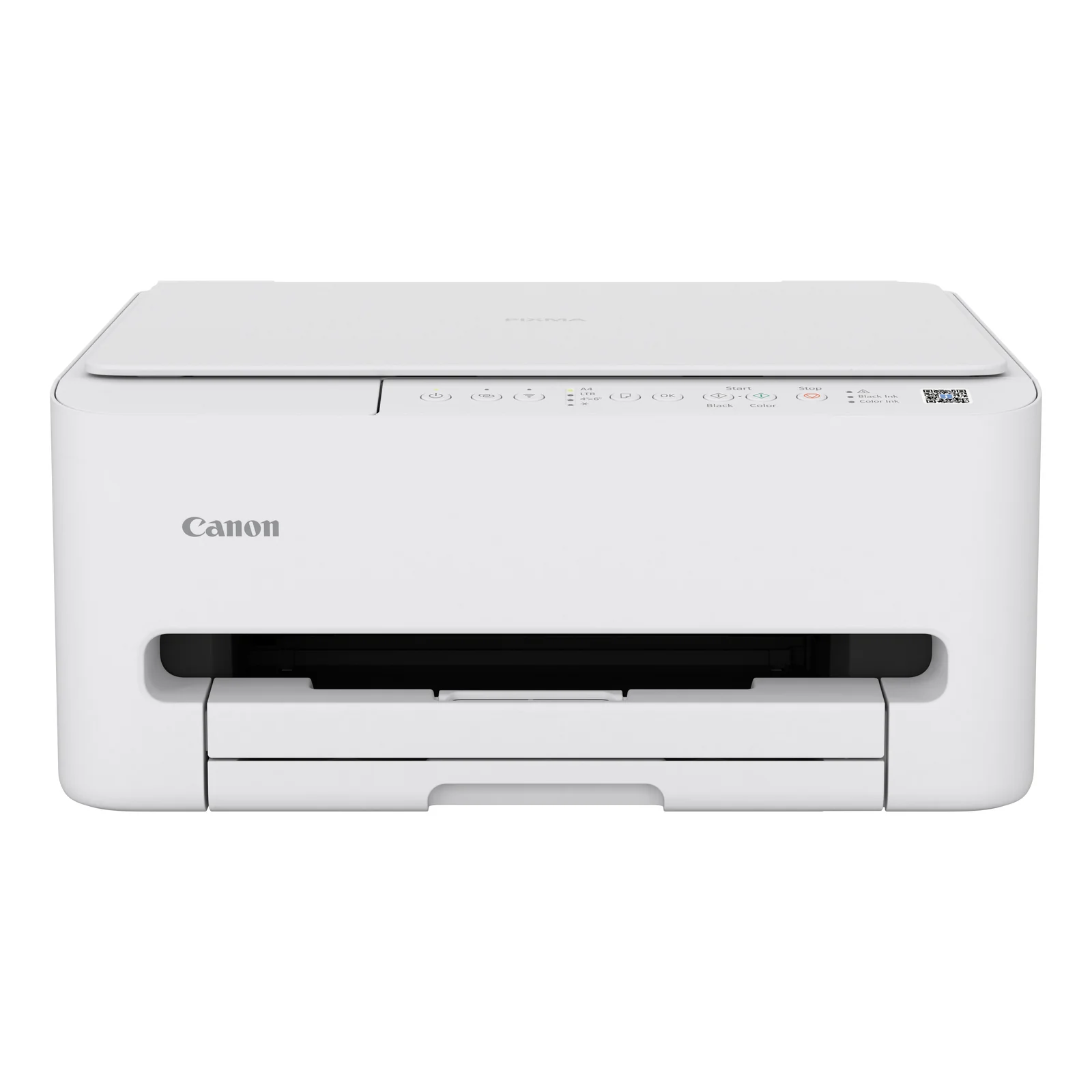 Canon PIXMA TS4150i blanc vu de face, bandeau de touches et bac fermé