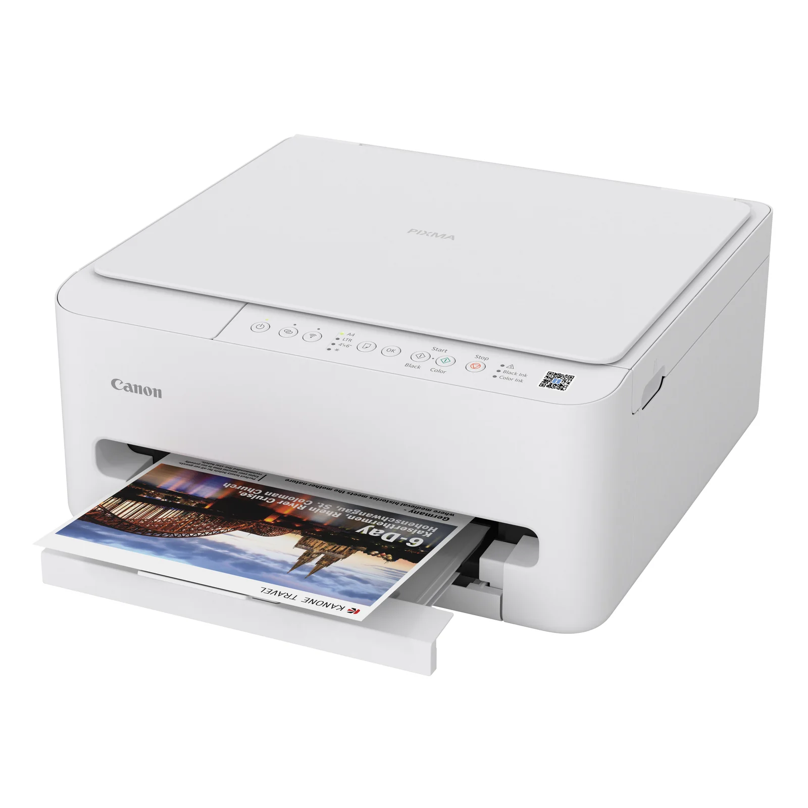 Canon PIXMA TS4150i imprimant un dépliant photo couleur depuis le bac avant