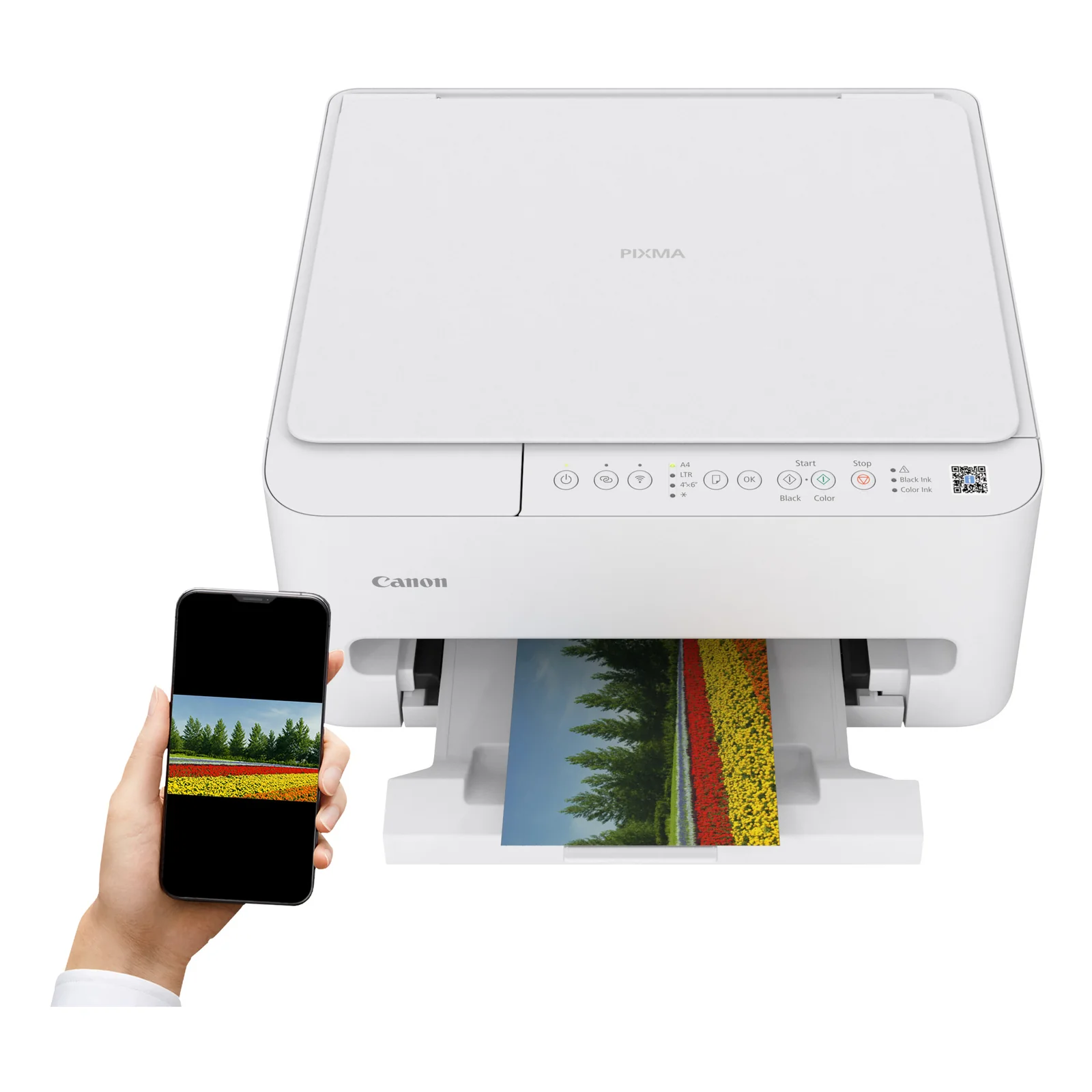 Canon PIXMA TS4150i blanc vu de profil gauche, formes arrondies