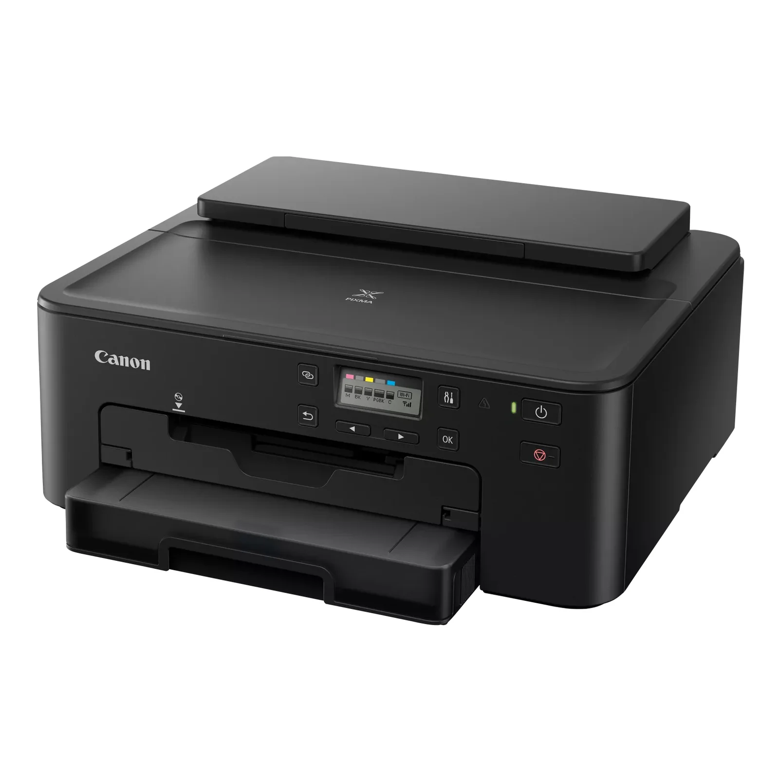 PIXMA TS705a noire vue de trois quarts avec bac avant déployé et panneau de commande visible