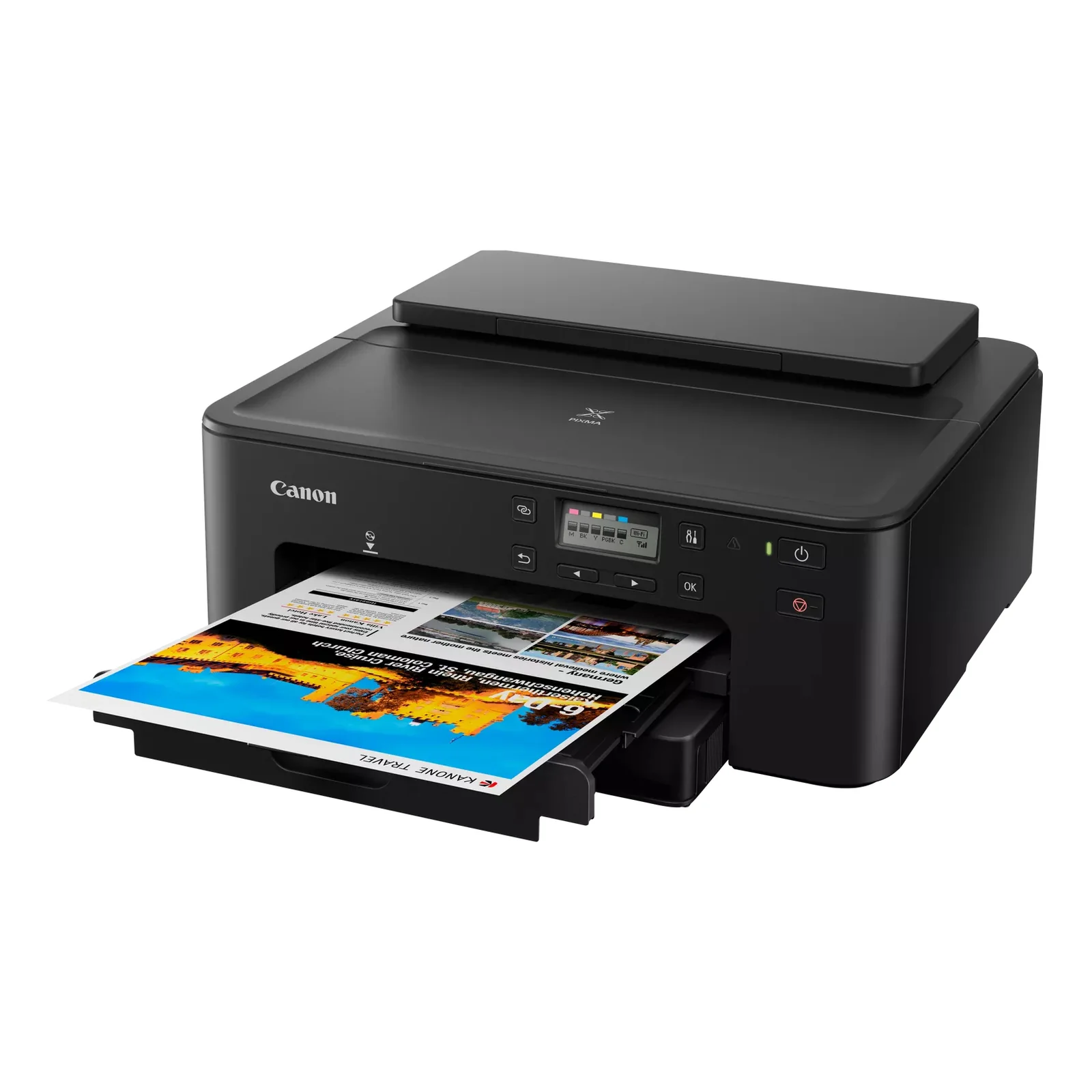 Vue trois quarts de la PIXMA TS705a en cours d'impression d'une photo couleur grand format