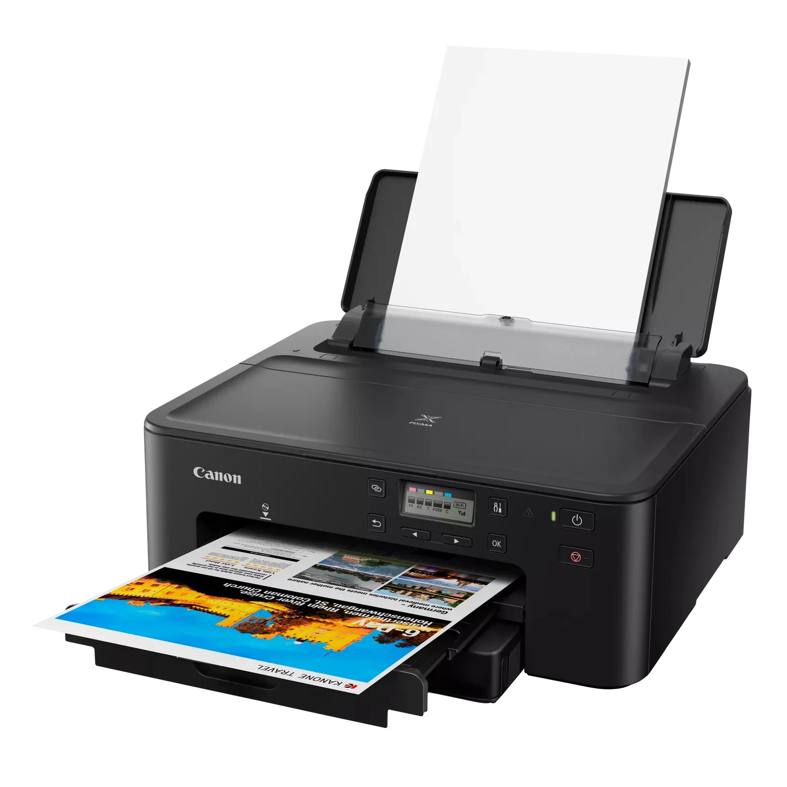 PIXMA TS705a noire avec bac arrière ouvert chargé en feuilles A4 prêtes à l'impression