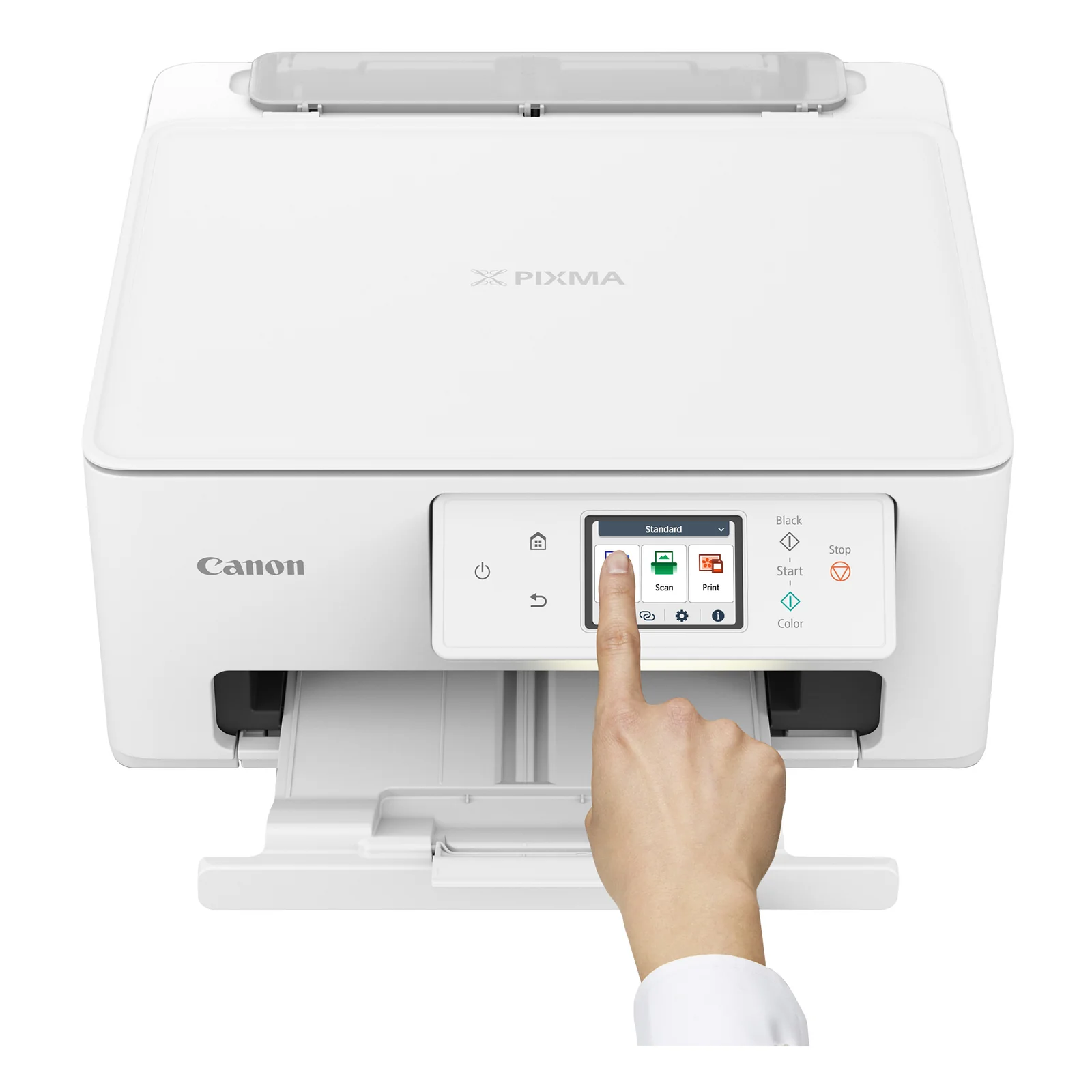 PIXMA TS7650i blanche vue de dessus avec capot fermé et logo PIXMA