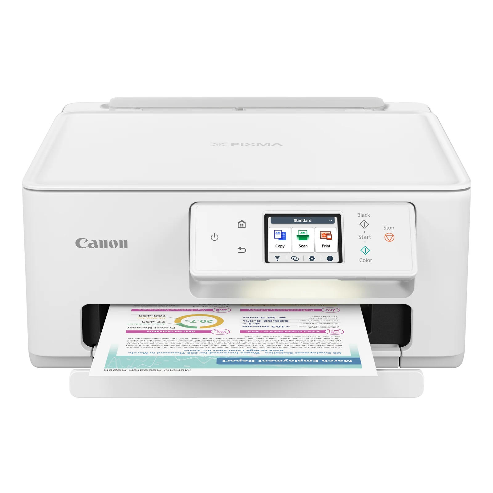 PIXMA TS7650i blanche éjectant un rapport mensuel coloré bac de sortie ouvert