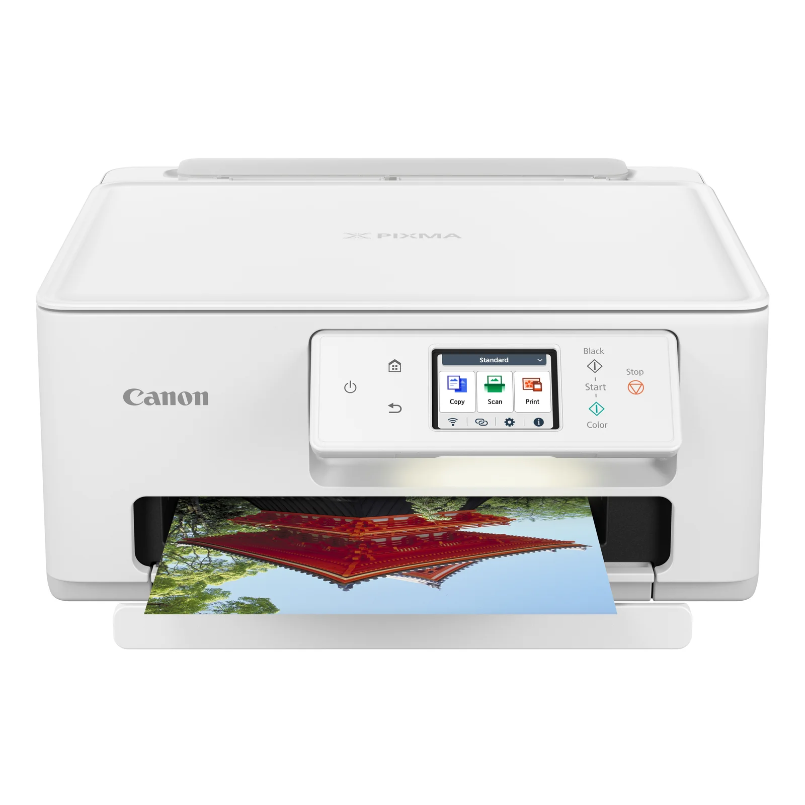 PIXMA TS7650i blanche imprimant une photo couleur de pagode rouge sur fond bleu