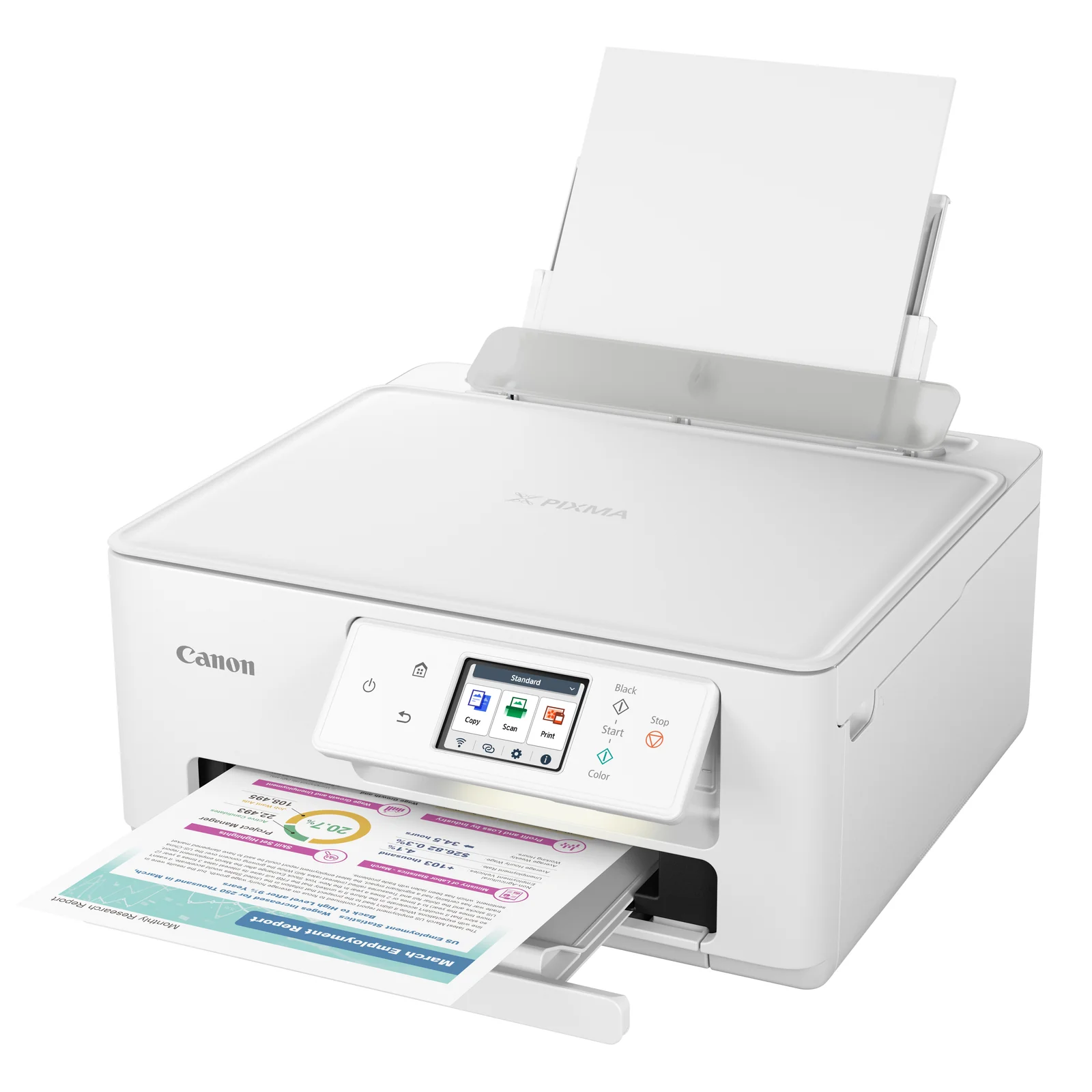 PIXMA TS7650i blanche trois quarts avec rapport coloré sortant du bac avant