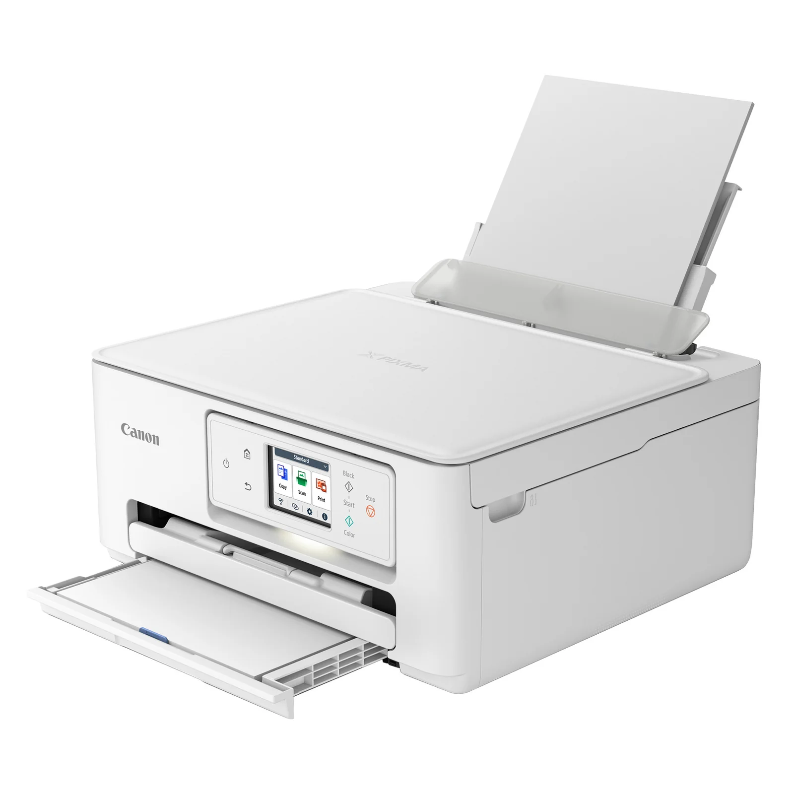 PIXMA TS7650i blanche trois quarts bac arrière déployé et bac avant ouvert