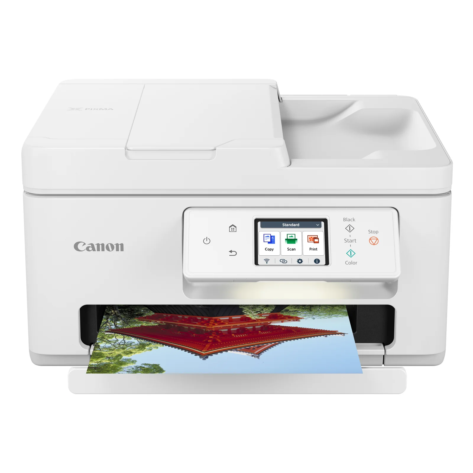 Imprimante Canon PIXMA TS7750i vue de face avec photo couleur en sortie