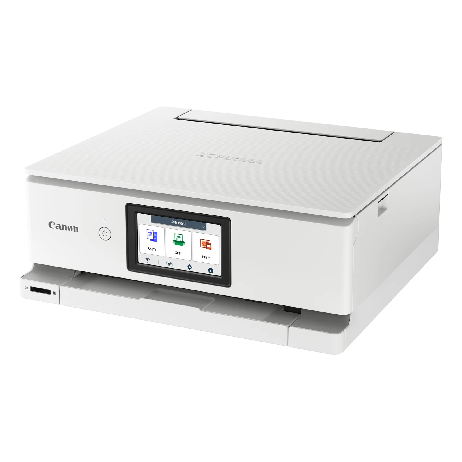 Multifonction Canon PIXMA TS8751 blanche en perspective trois quarts avec écran tactile