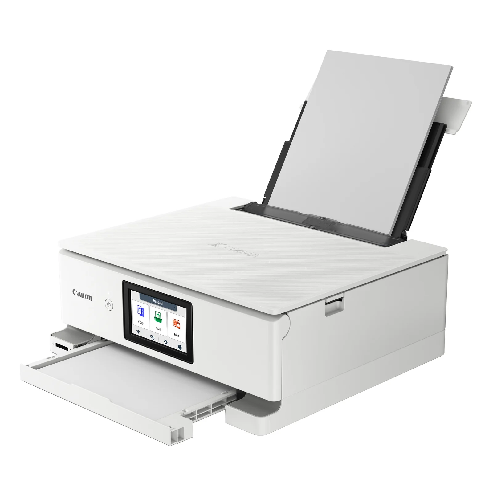 Canon PIXMA TS8751 avec bac papier arrière déployé et tiroir avant ouvert