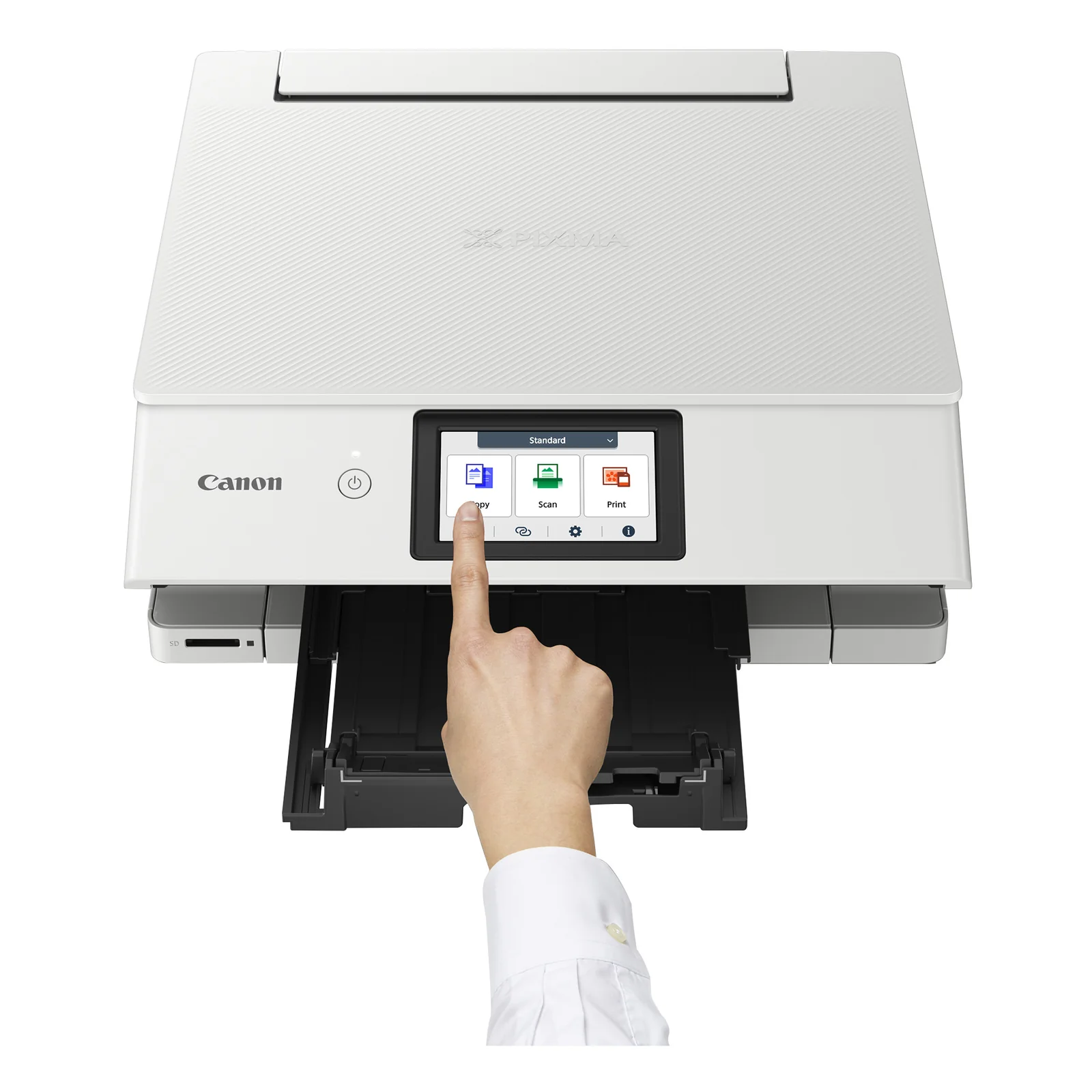 Vue rapprochée plongeante de la PIXMA TS8751 et de son écran tactile