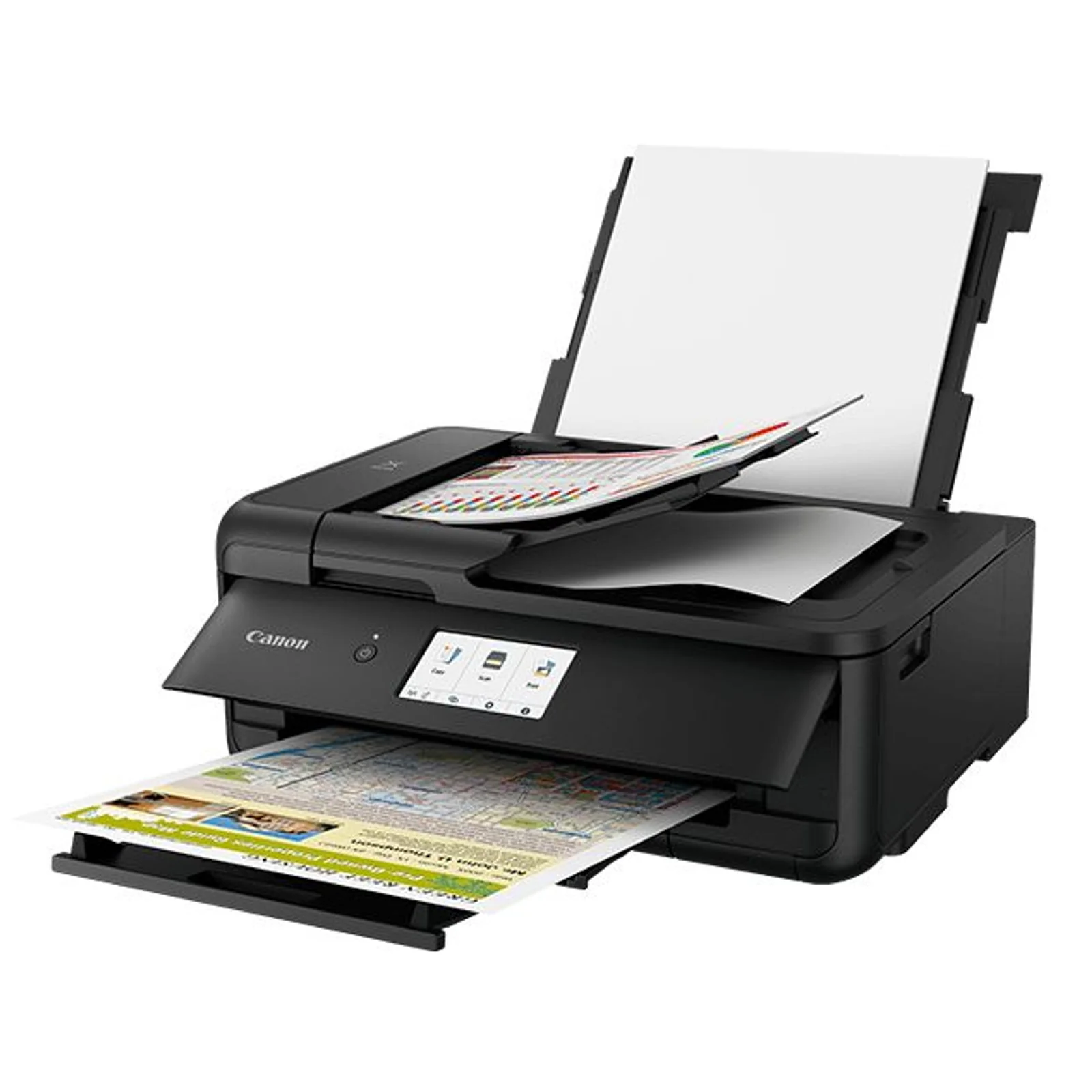 Canon PIXMA TS9550a en cours d'impression avec papier chargé dans le bac arrière et page couleur en sortie