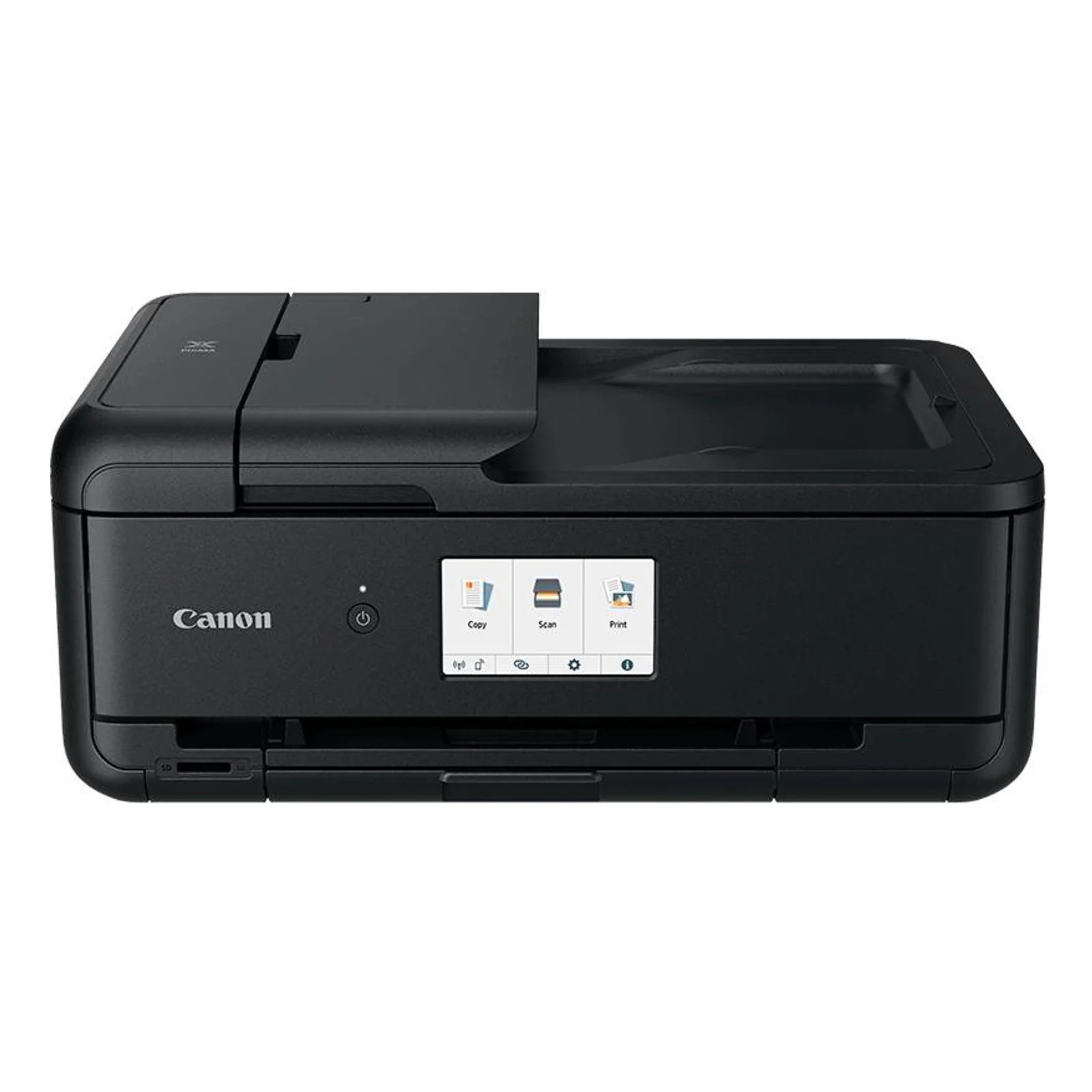 Canon PIXMA TS9550a vue de face capots fermés avec écran tactile allumé sur les fonctions principales
