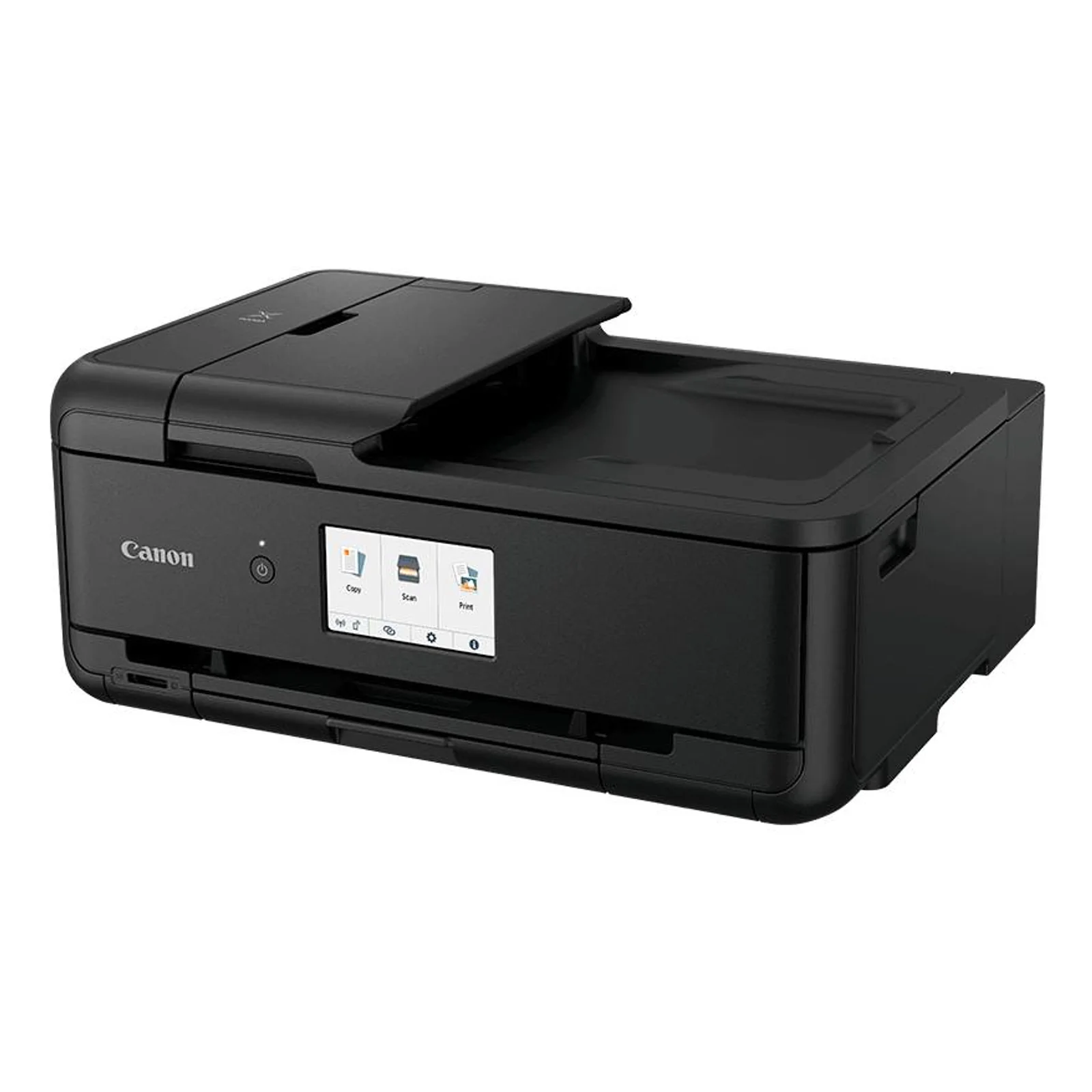 Vue trois quarts du Canon PIXMA TS9550a noir avec écran tactile et logement pour carte SD