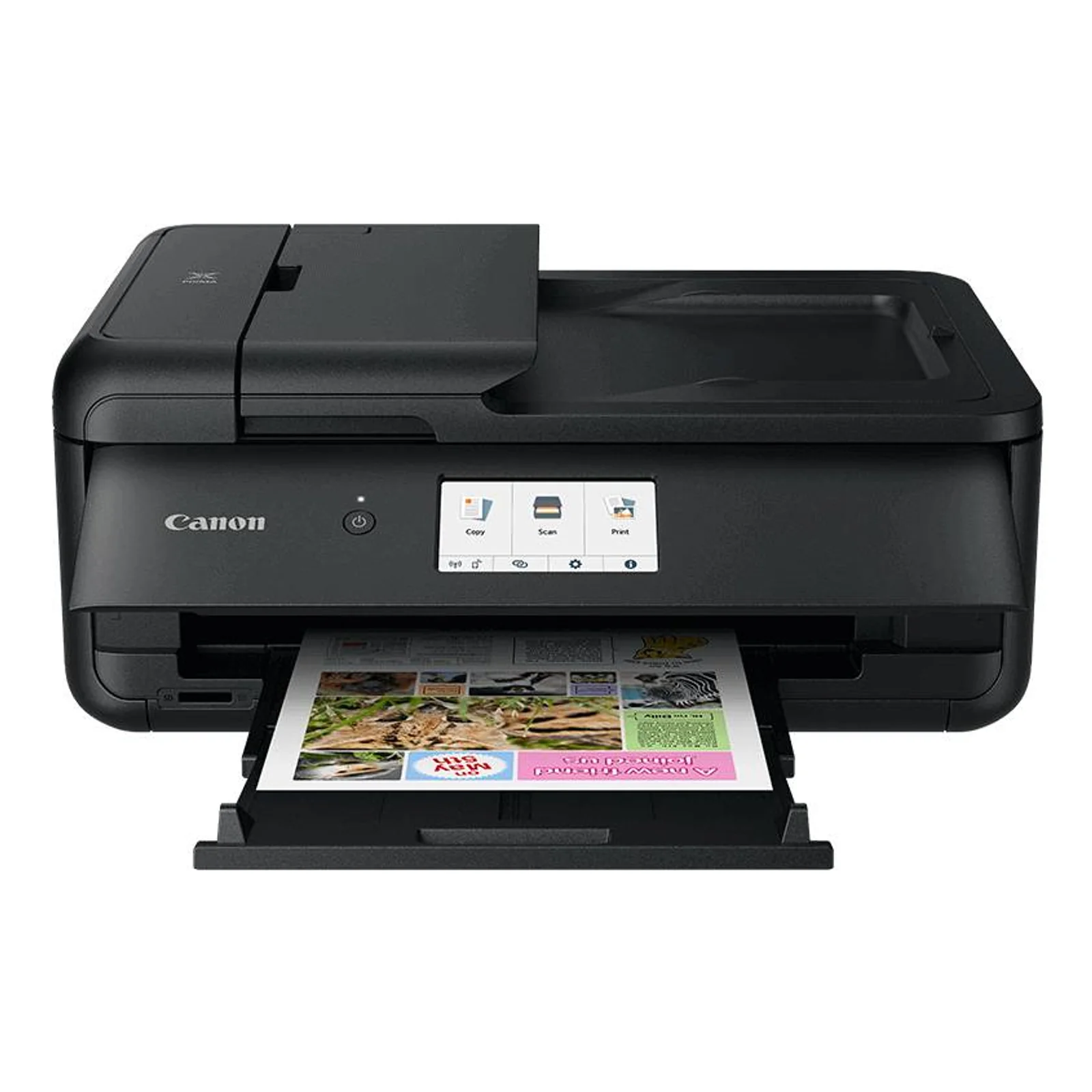 Canon PIXMA TS9550a sortie d'une page couleur multi-photos avec slogan A new friend joined us