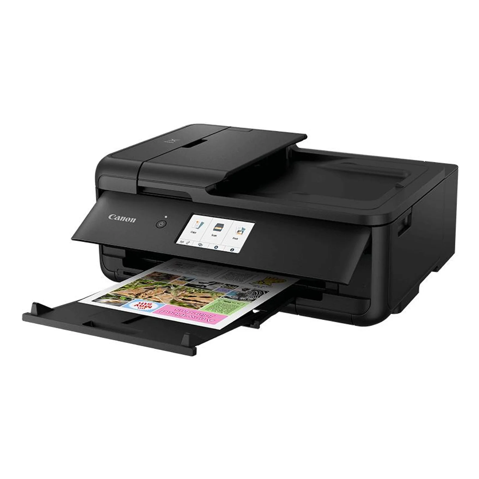 Canon PIXMA TS9550a vue trois quarts bac de sortie déployé avec impression couleur en cours