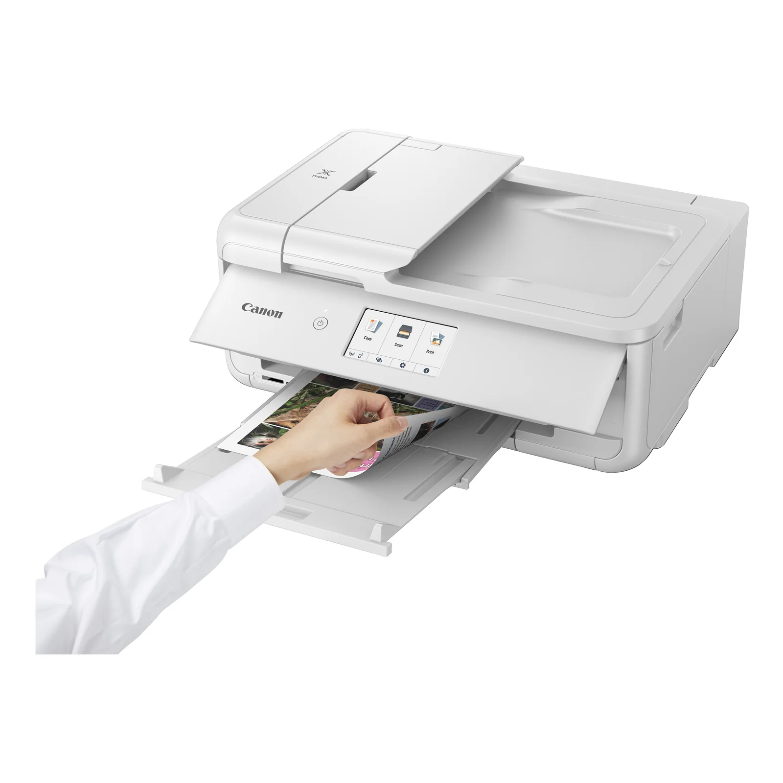 Vue plongeante du Canon PIXMA TS9551Ca avec smartphone affichant la même page