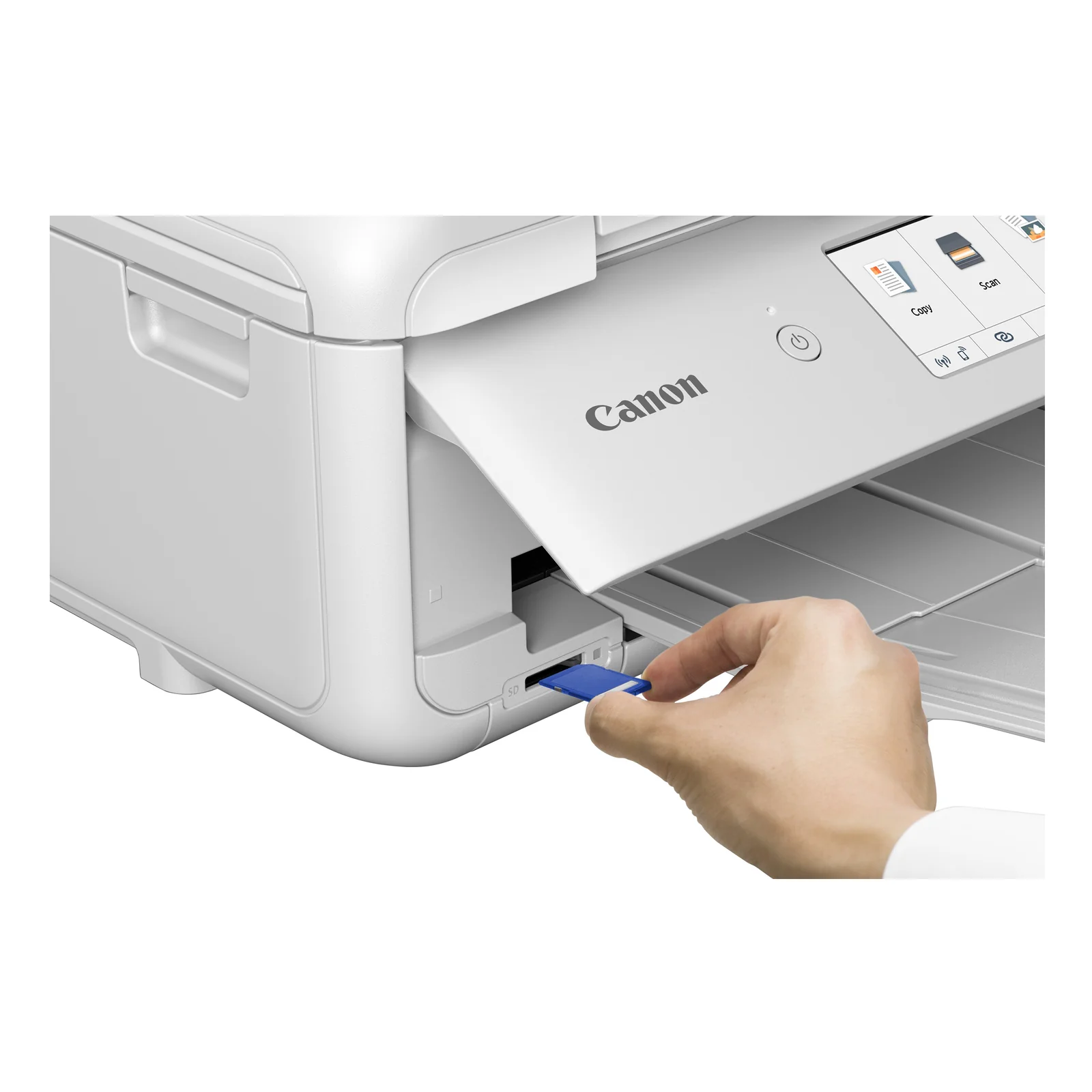 Insertion d'une carte SD bleue dans le lecteur du Canon PIXMA TS9551Ca