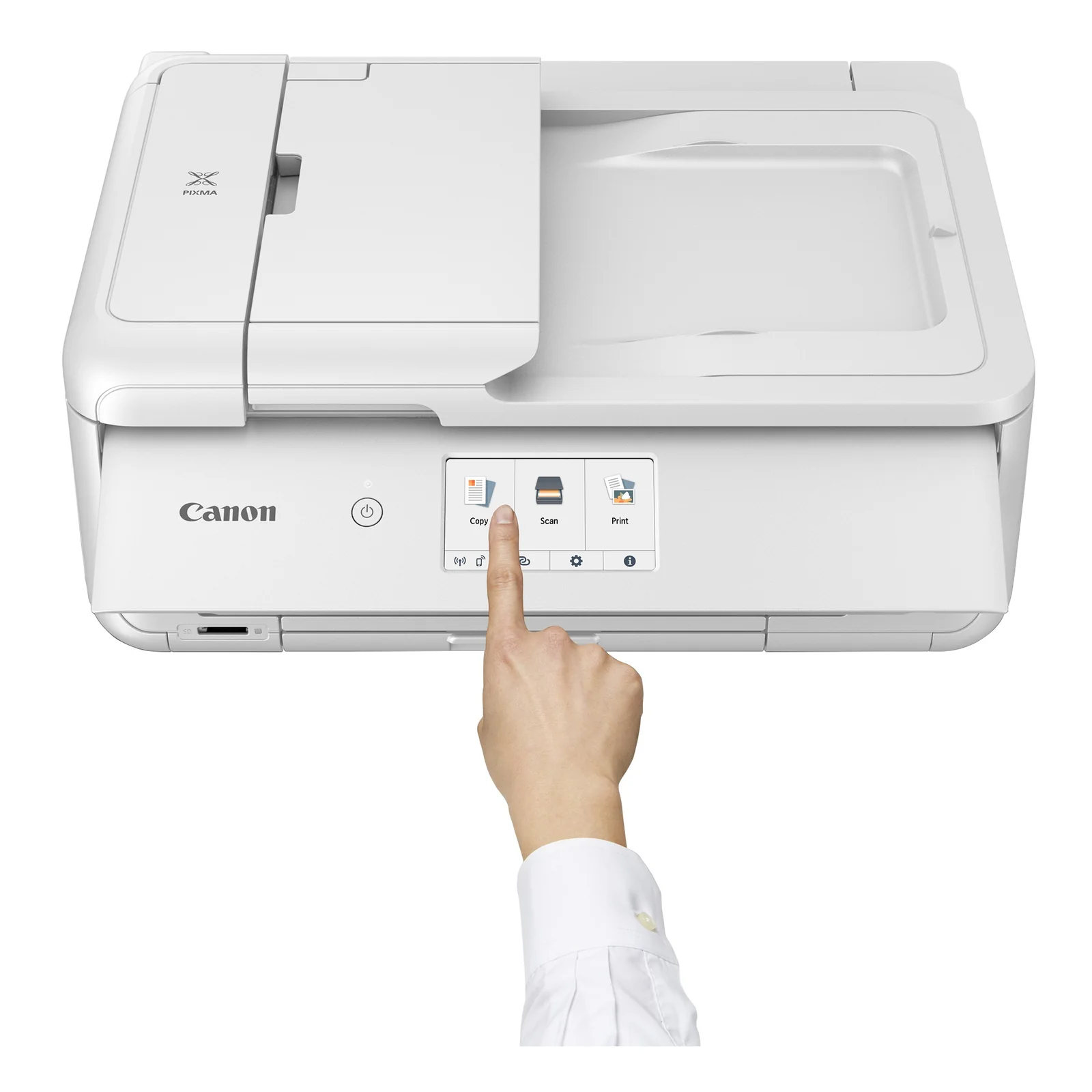 Doigt tactile pointant l'icône Copy sur l'écran du Canon PIXMA TS9551Ca