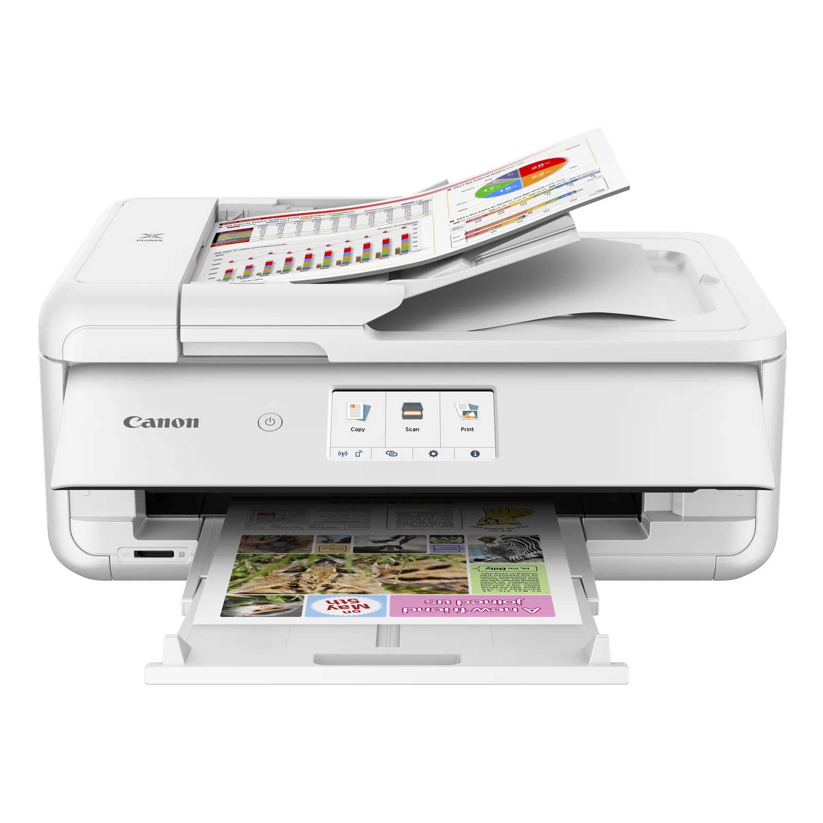 Multifonction Canon PIXMA TS9551Ca de face avec page photo couleur sortant