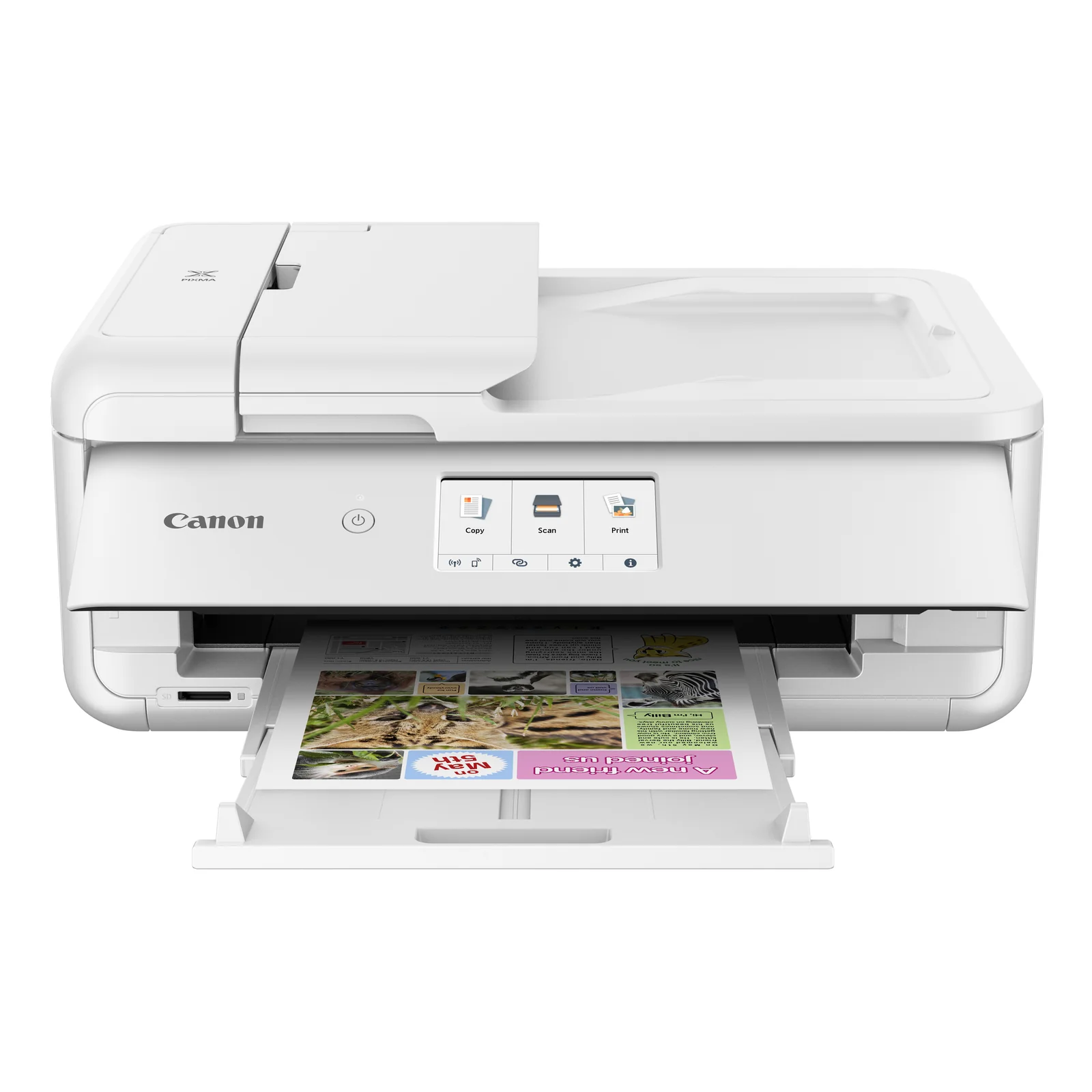 Canon PIXMA TS9551Ca de 3/4 face avec bac de sortie et impression couleur