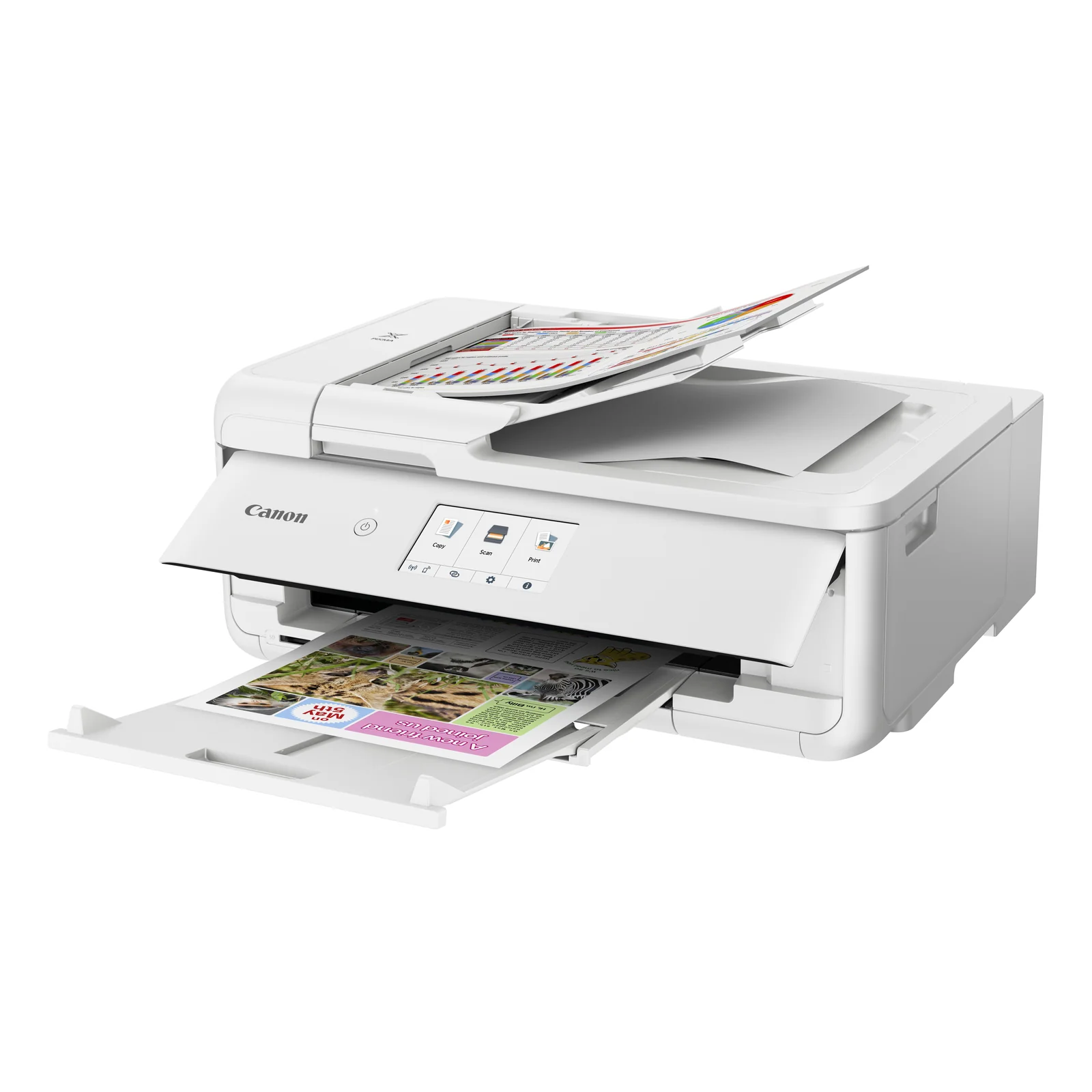Vue 3/4 du Canon PIXMA TS9551Ca bacs fermés et écran tactile actif