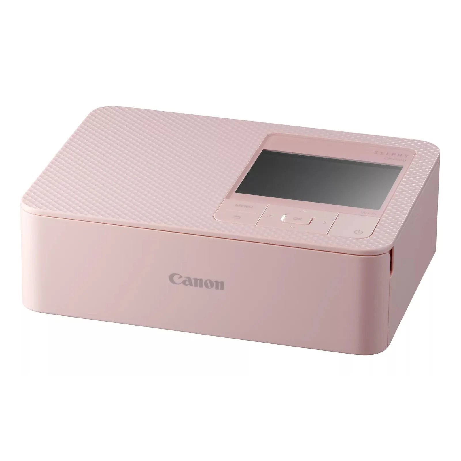 Imprimante Canon SELPHY CP1500 rose vue trois quarts avec capot texturé en losanges