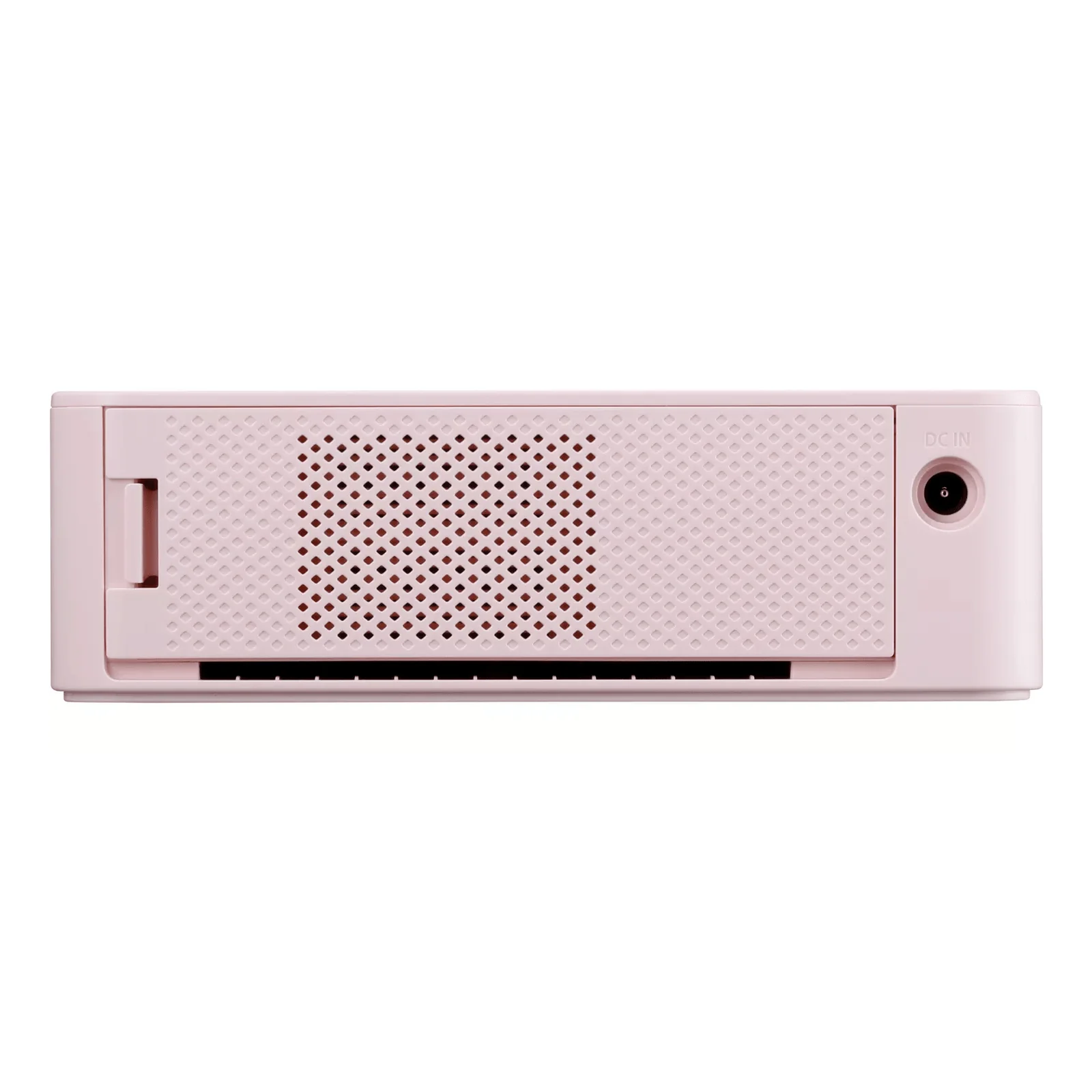 Vue arrière de la SELPHY CP1500 rose avec grille d'aération et prise d'alimentation DC IN