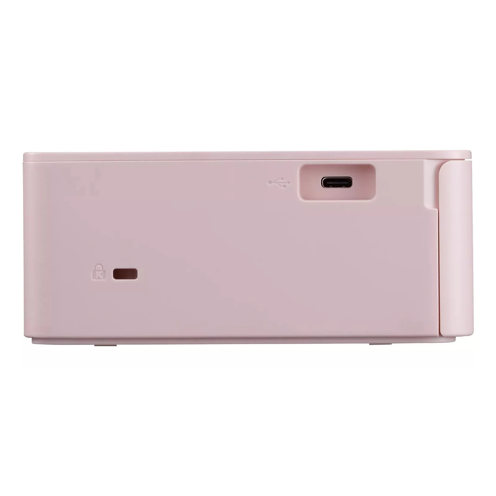 Vue latérale de la SELPHY CP1500 rose avec port USB Type-C et verrou Kensington