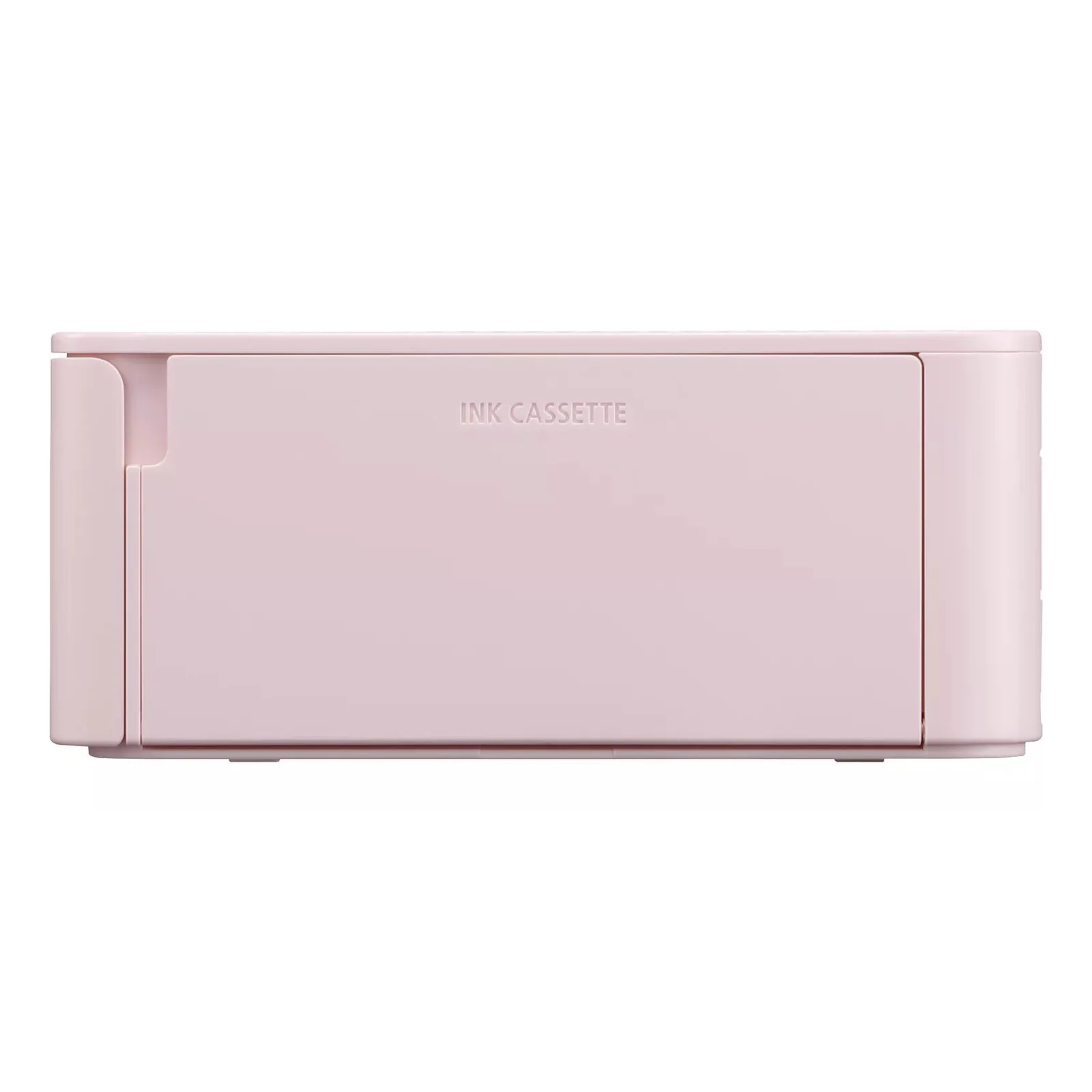Vue latérale opposée de la SELPHY CP1500 rose avec marquage INK CASSETTE
